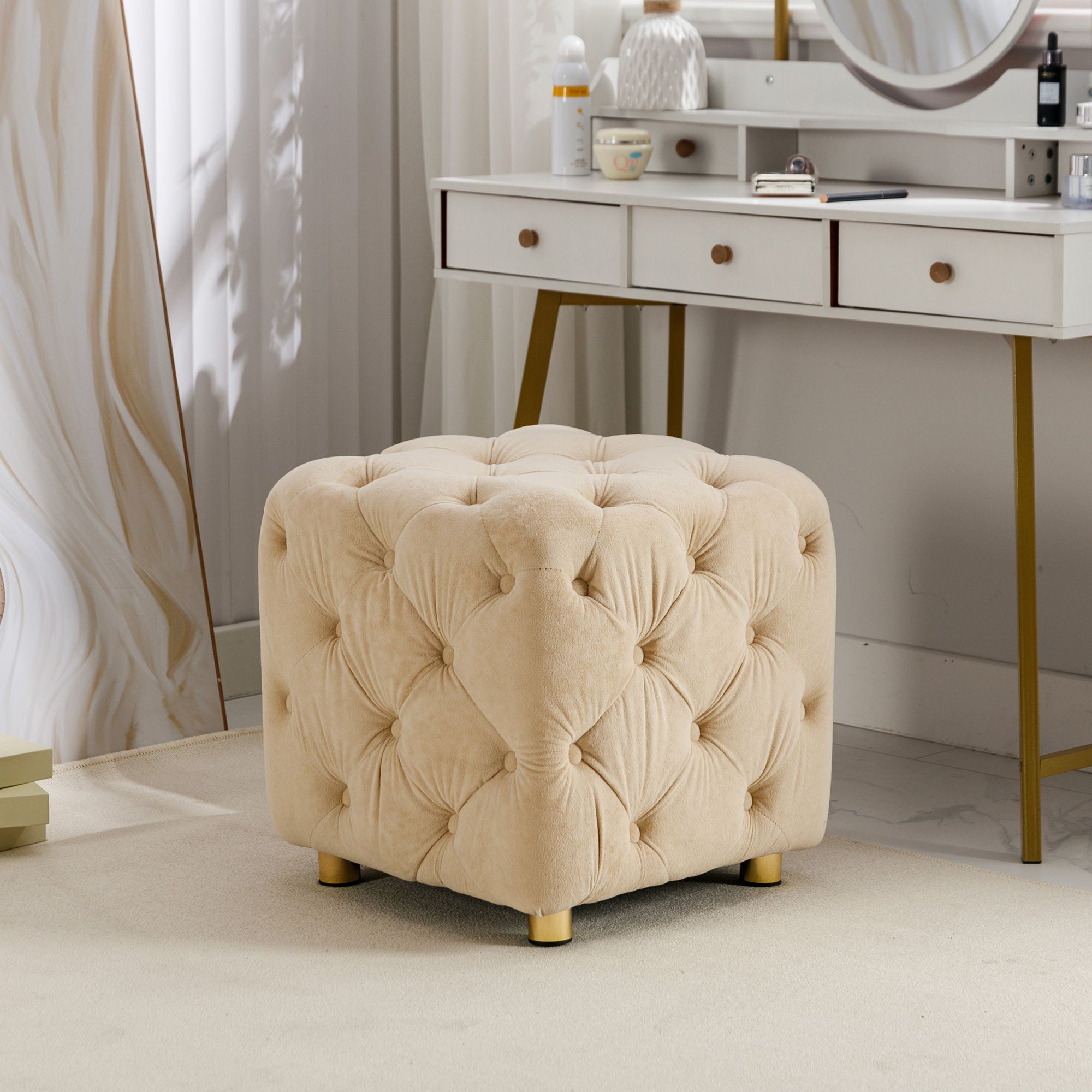 Modern Velvet Upholstered Ottoman, Exquisite Small End Table, Soft Foot Stool, Dressing Makeup Chair, Comfortable Seat For Living Room, Bedroom, Entrance