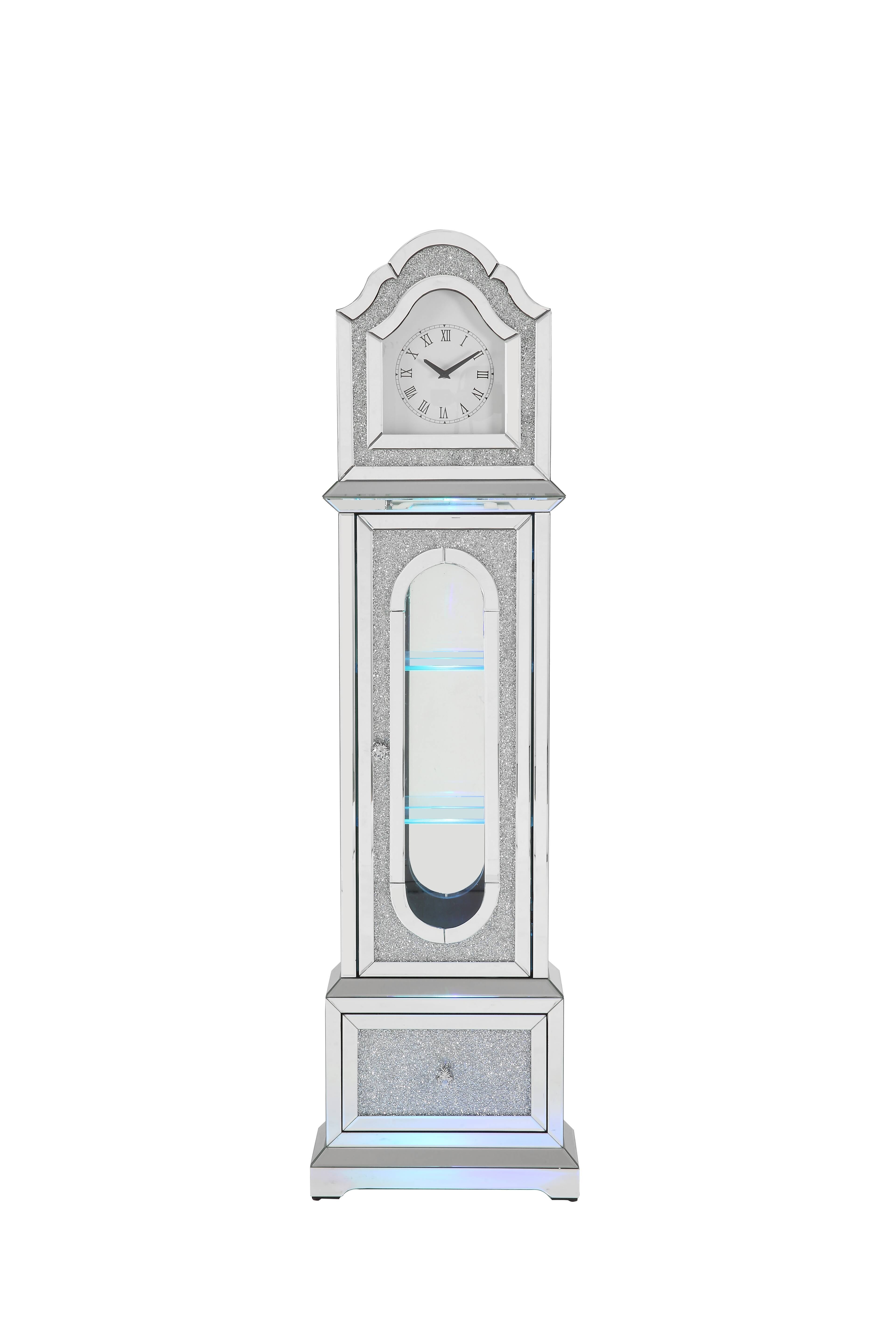 Noralie - Mirrored & Faux Diamonds Grandfather Clock With LED - Silver Gray