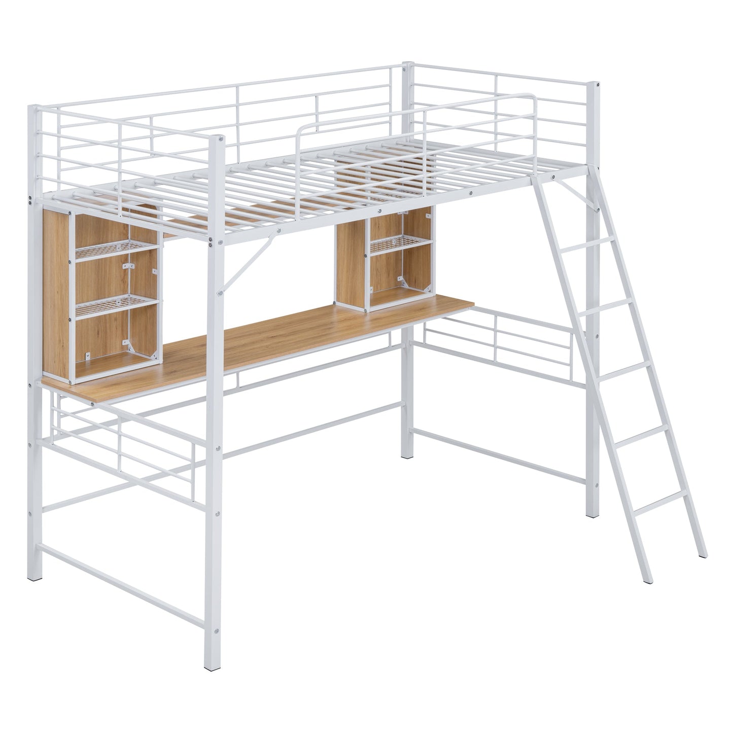 Twin Size Loft Bed with Desk and Shelf , Loft Bed with Ladder,Twin,White
