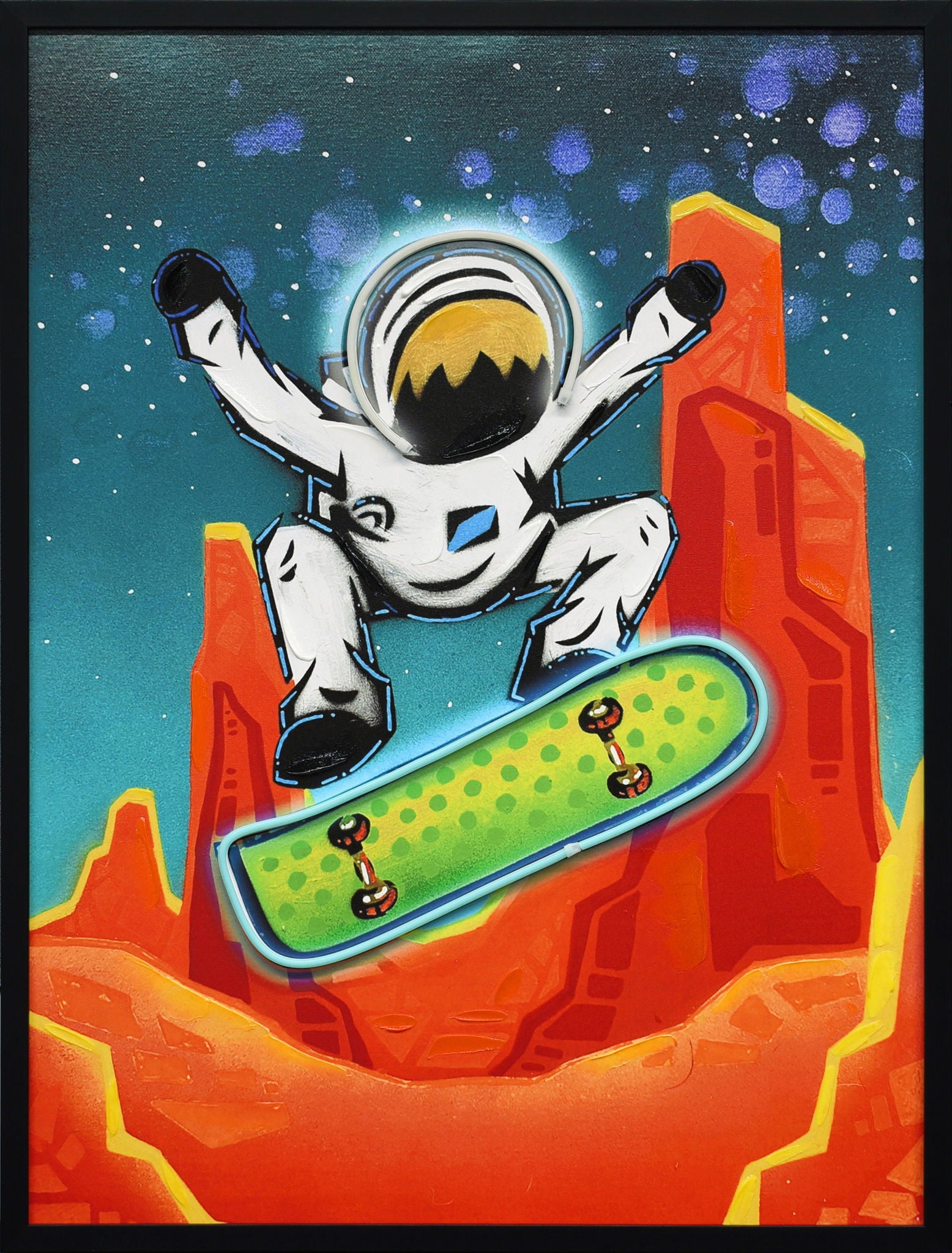 Kuiper Belt Kick-Flip By Joy Hernandez Hand-Embellished LED Canvas In Frame - Red / Teal