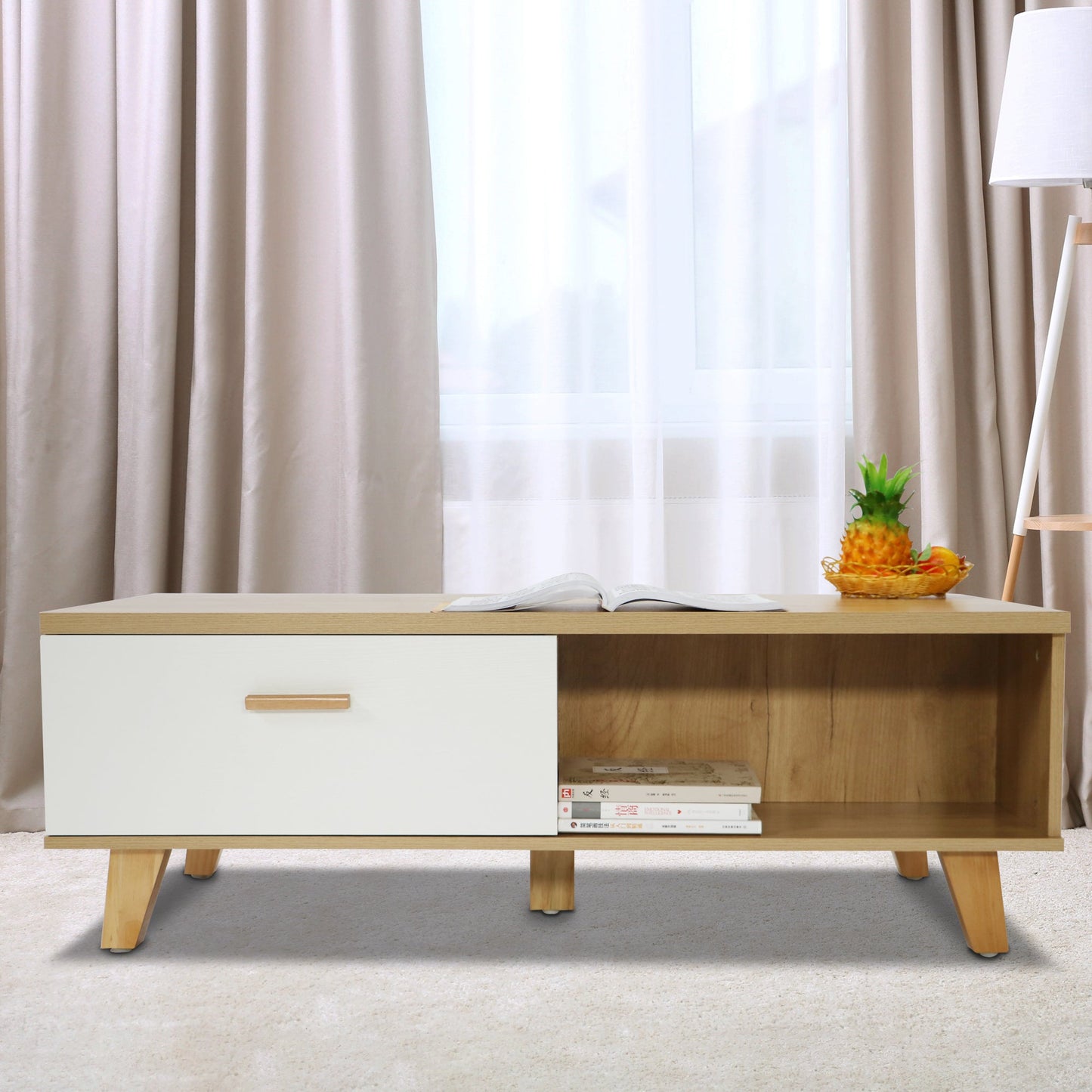 COFFEE TABLE computer table, wood+white color, solid wood handles and legs, two drawers