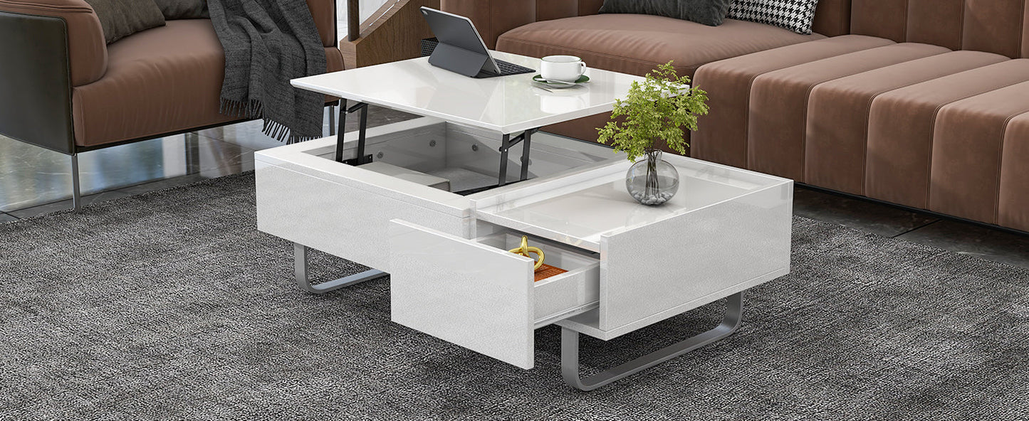 Multi-functional Coffee Table with Lifted Tabletop, Contemporary Cocktail Table with Metal Frame Legs, High-gloss Surface Dining Table for Living Room, White