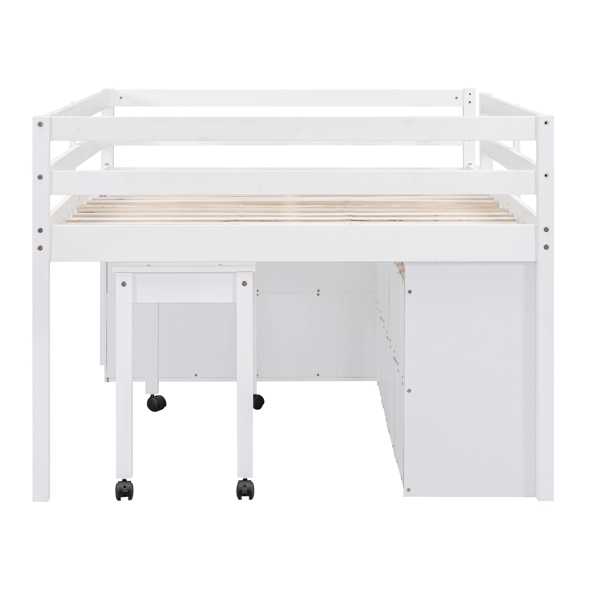 Full Size Loft Bed with Retractable Writing Desk and 4 Drawers, Wooden Loft Bed with Lateral Portable Desk and Shelves, White