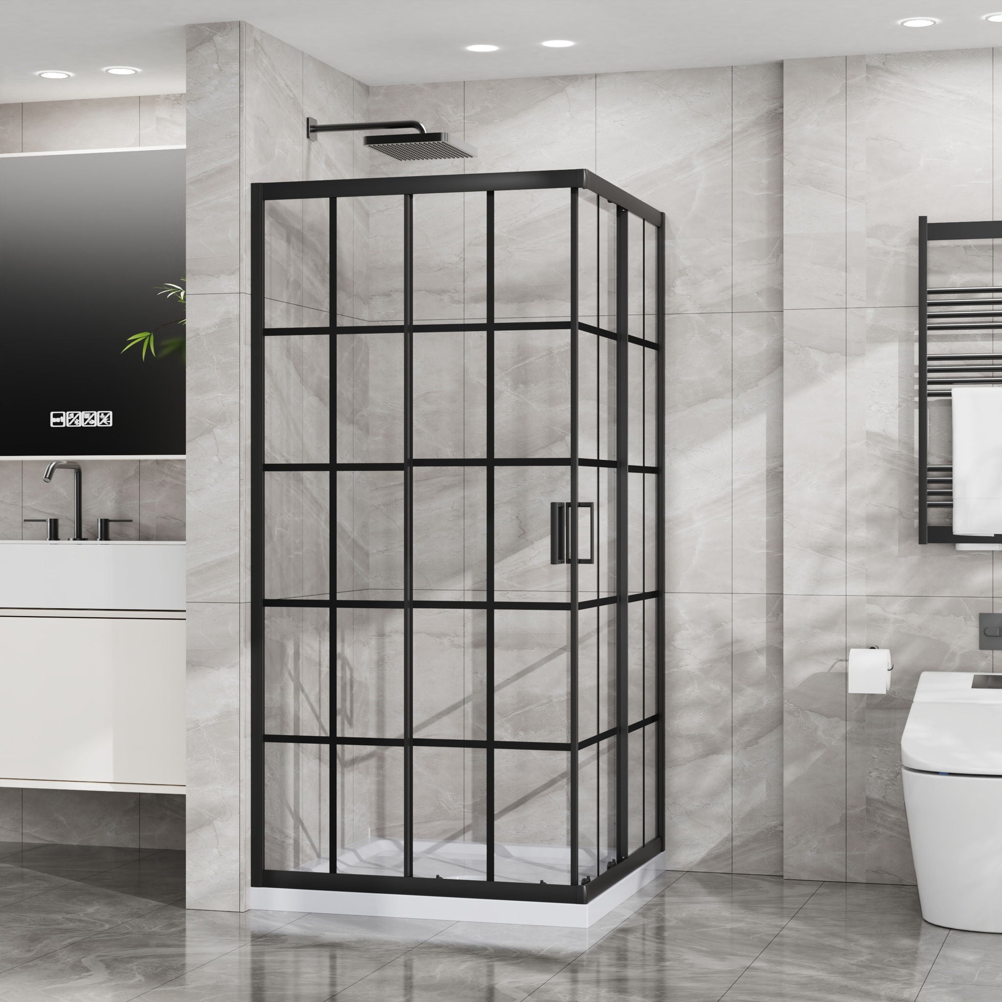 Corner Shower Door, Shower Enclosure With Dual Sliding Doors - Matte Black