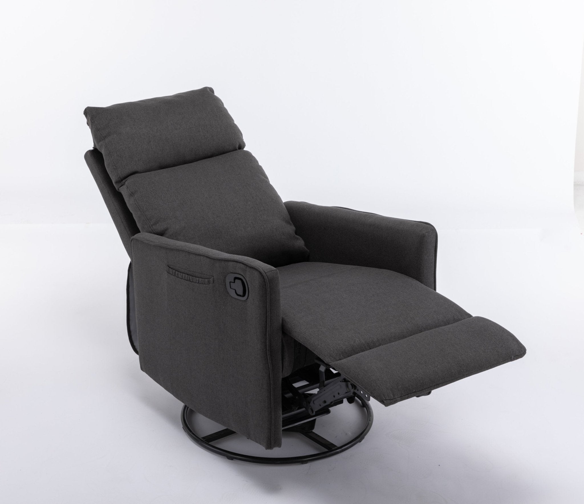 038-Cotton Linen Fabric Swivel Rocking Chair Glider Rocker Recliner Nursery Chair With Adjustable Back And Footrest For Living Room Indoor,Dark Gray