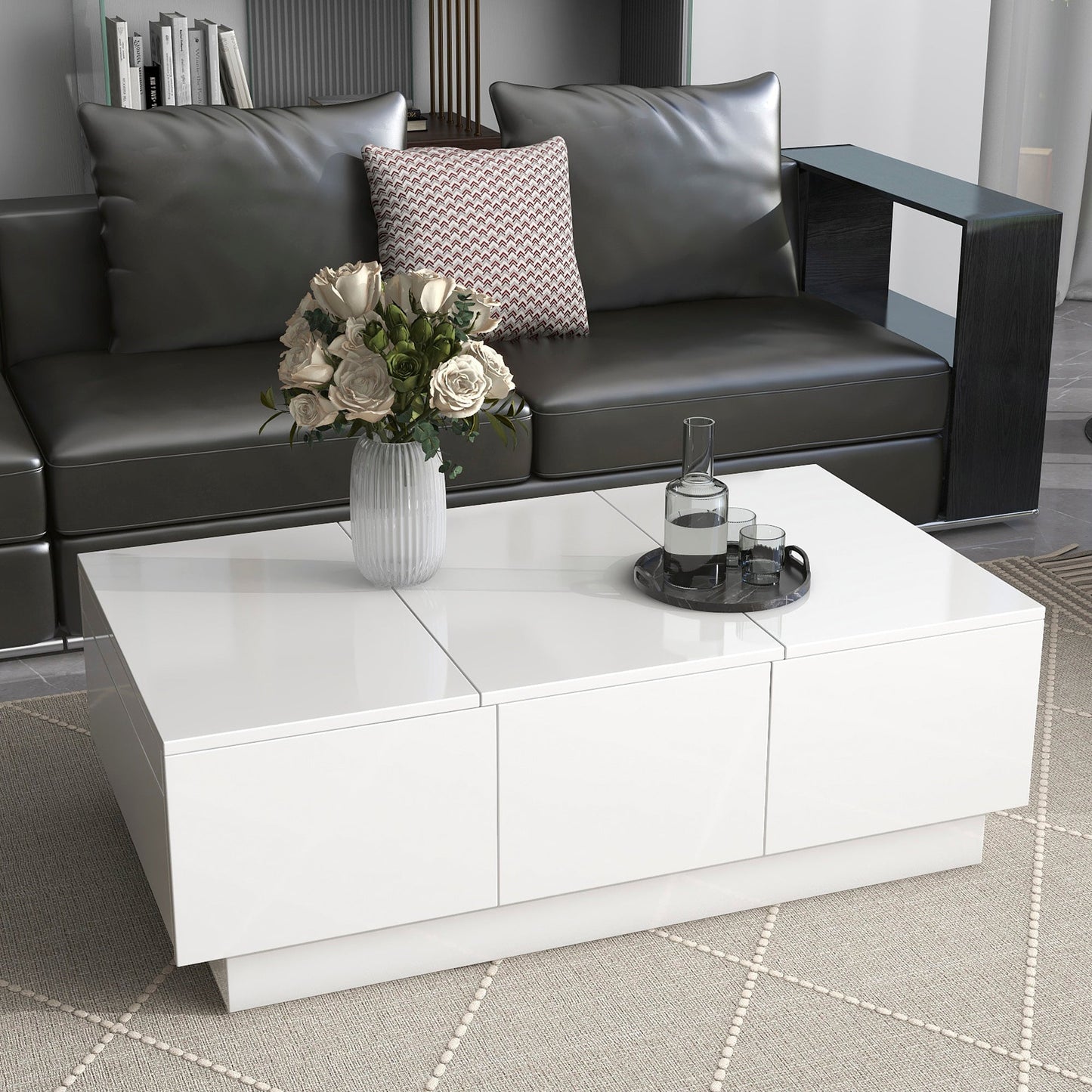 Coffee Table with 2 large Hidden Storage Compartment, Extendable Cocktail Table with 2 Drawers, High-gloss Center Table with Sliding Top for Living Room, 39.3"x21.6", White