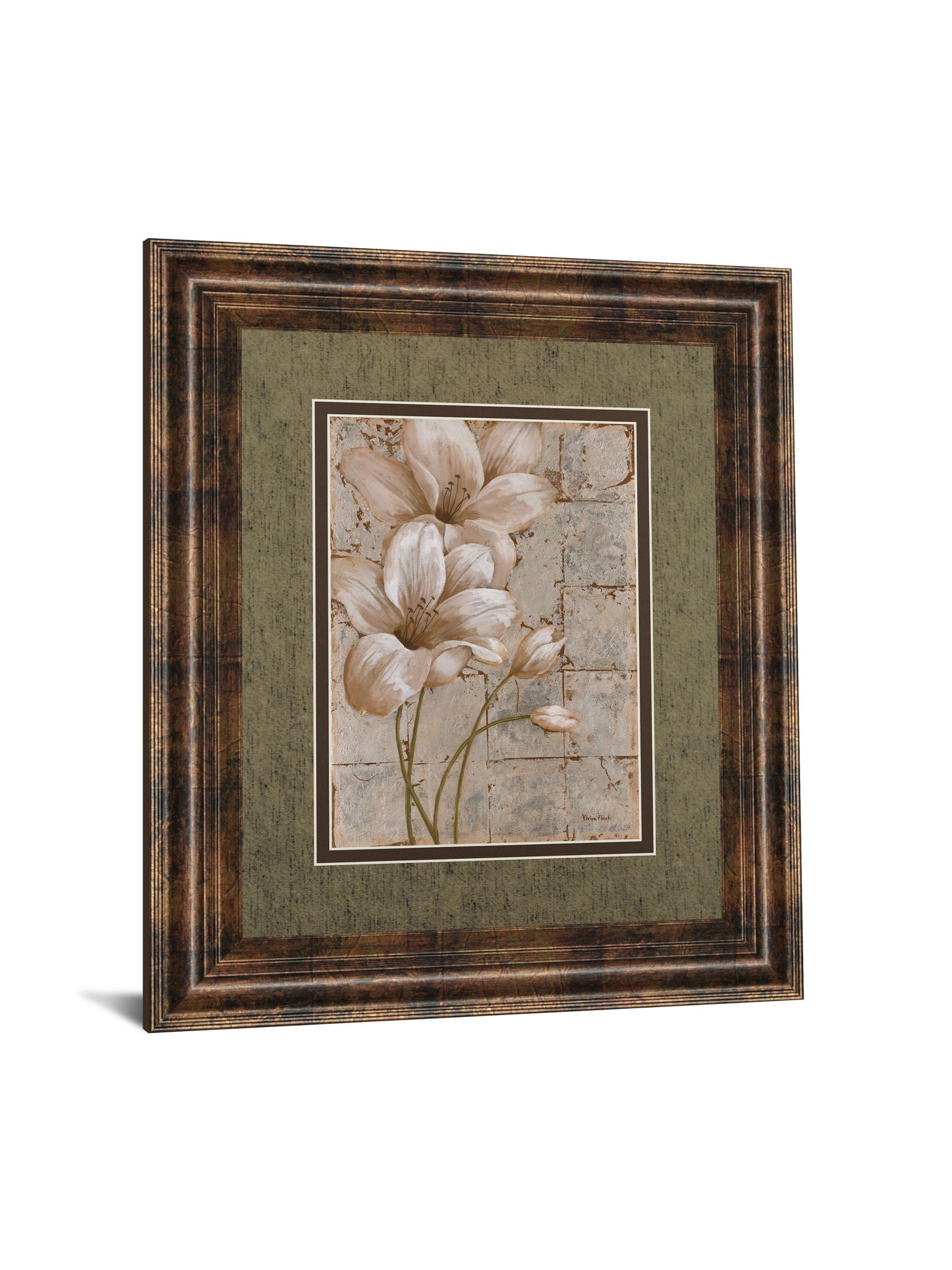 Lilies On Silver I By Vivian Flasch - Framed Print Wall Art - Light Brown