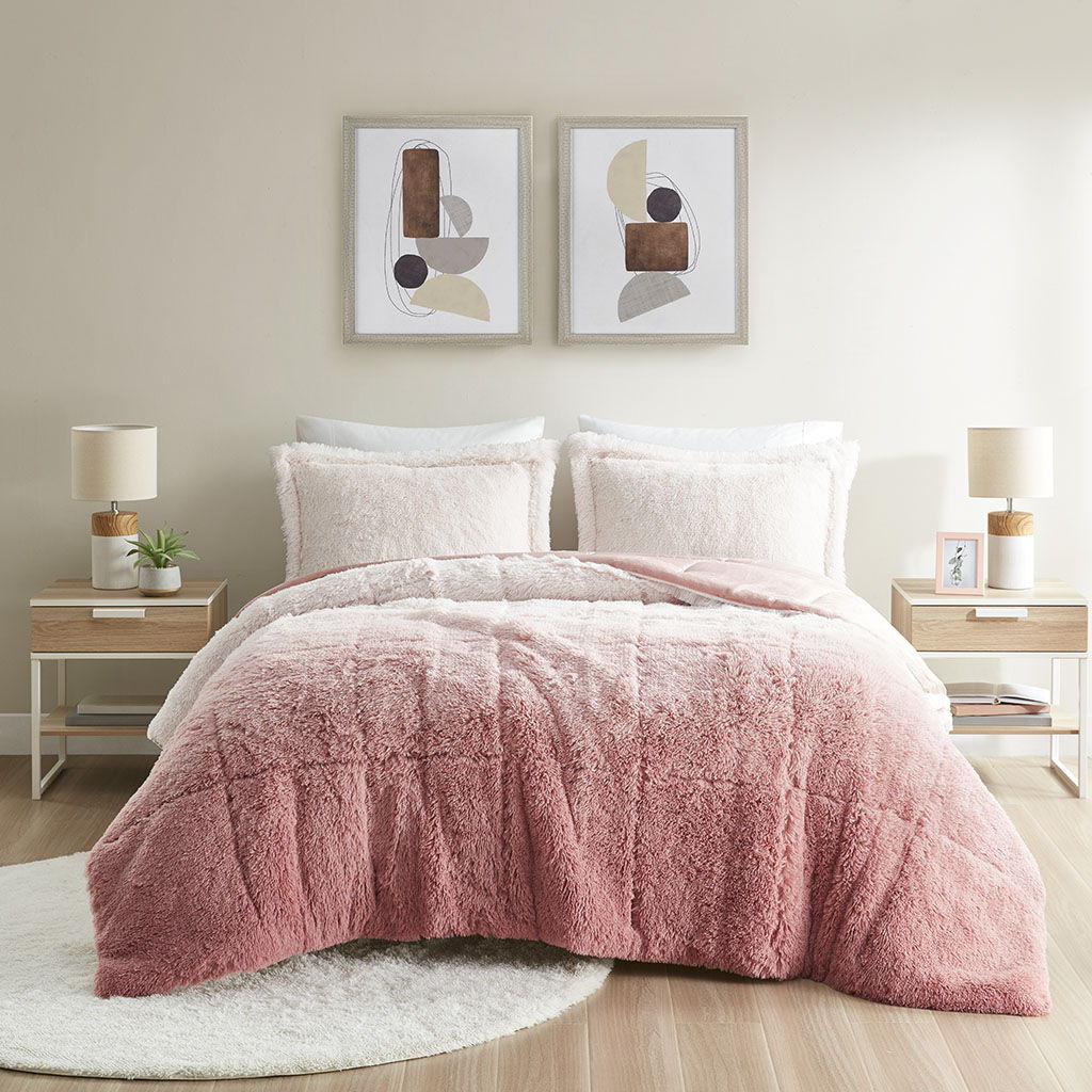 Brielle - King Ombre Shaggy Long Comforter Mini Set - Blush