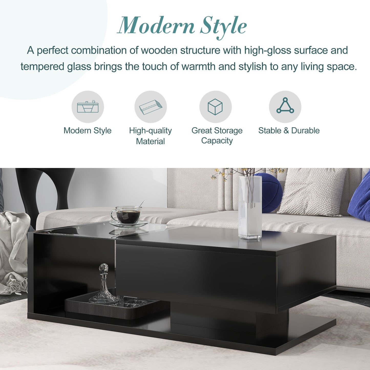 Modern Coffee Table with Tempered Glass, Wooden Cocktail Table with High-gloss UV Surface, Modernist 2-Tier Rectangle Center Table for Living Room, Black