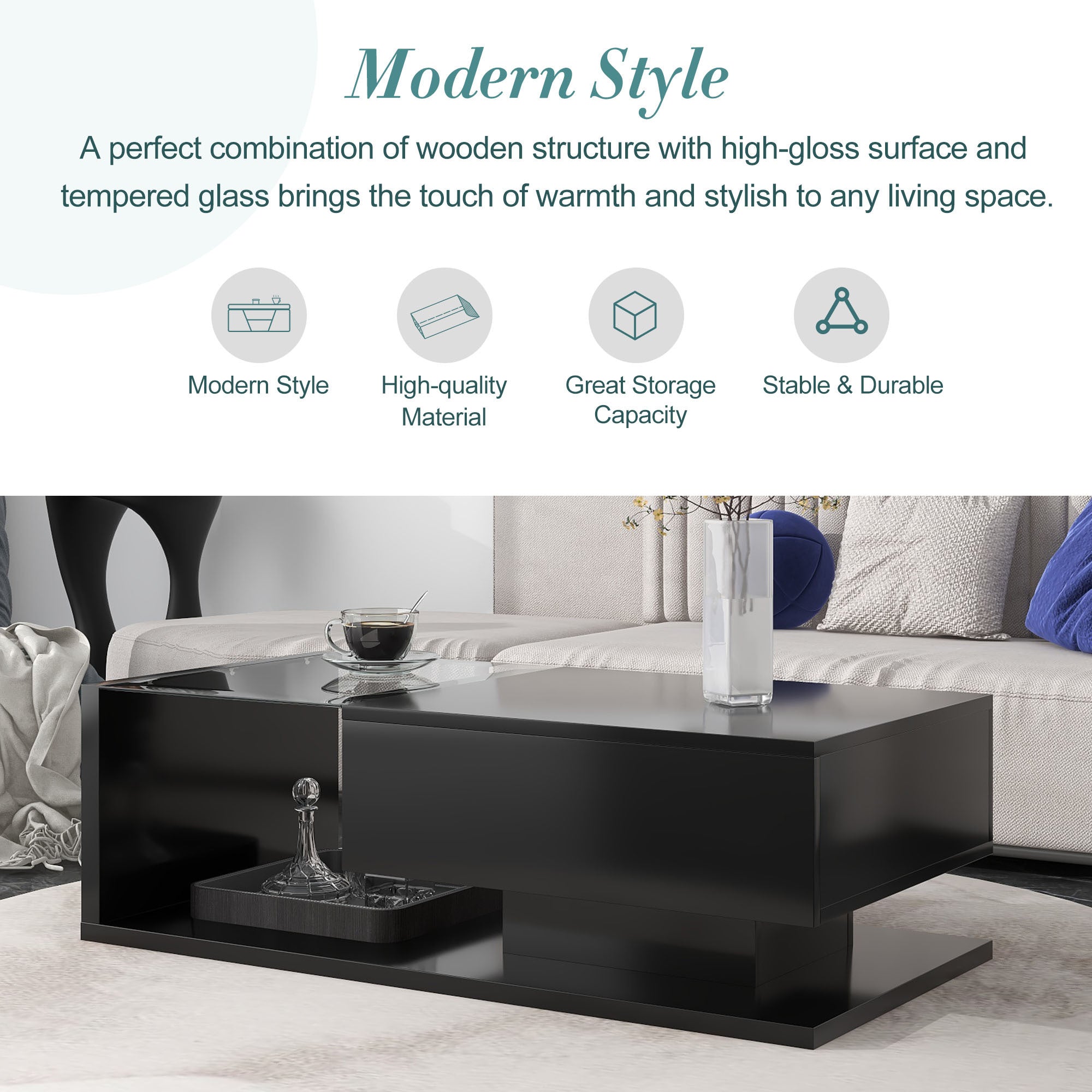 Modern Coffee Table with Tempered Glass, Wooden Cocktail Table with High-gloss UV Surface, Modernist 2-Tier Rectangle Center Table for Living Room, Black