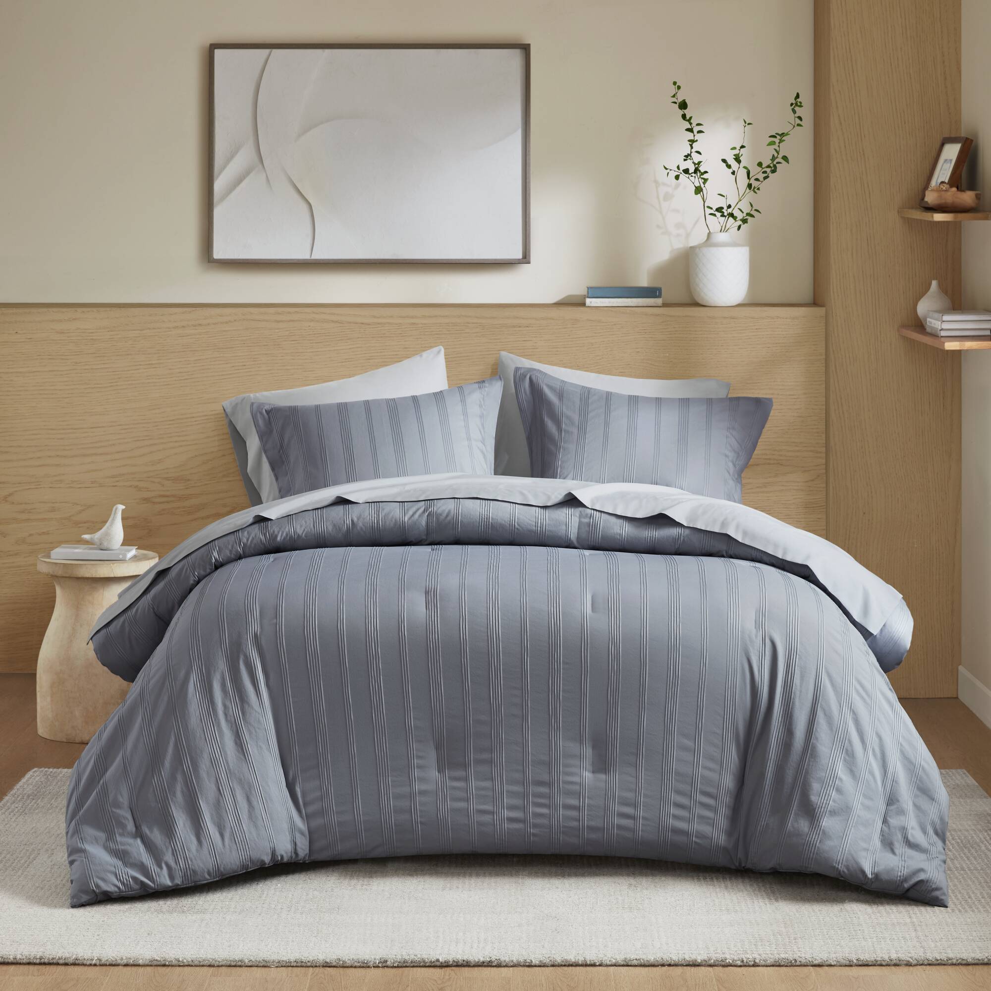 Logan - California King Striped Comforter Set - Blue / Gray
