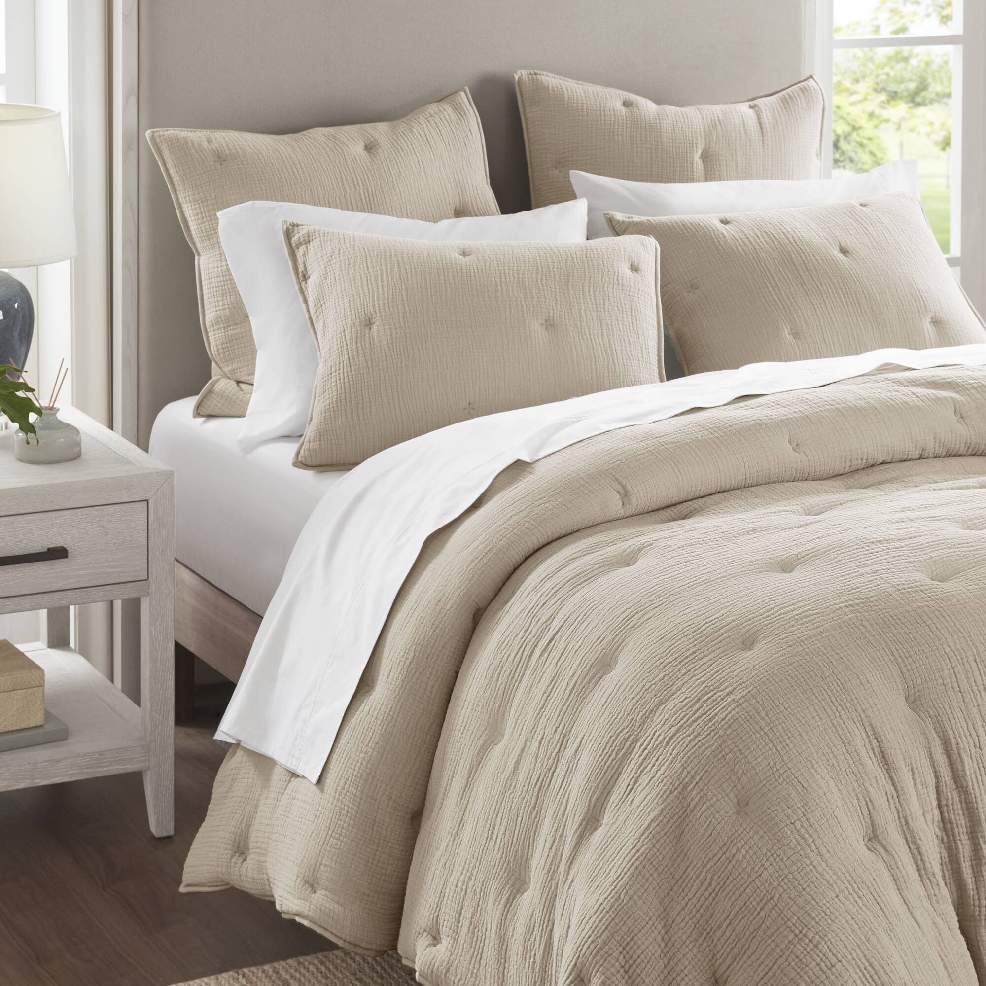 Breeze - Full/Queen Cotton Gauze Embroidered Quilt Set - Taupe
