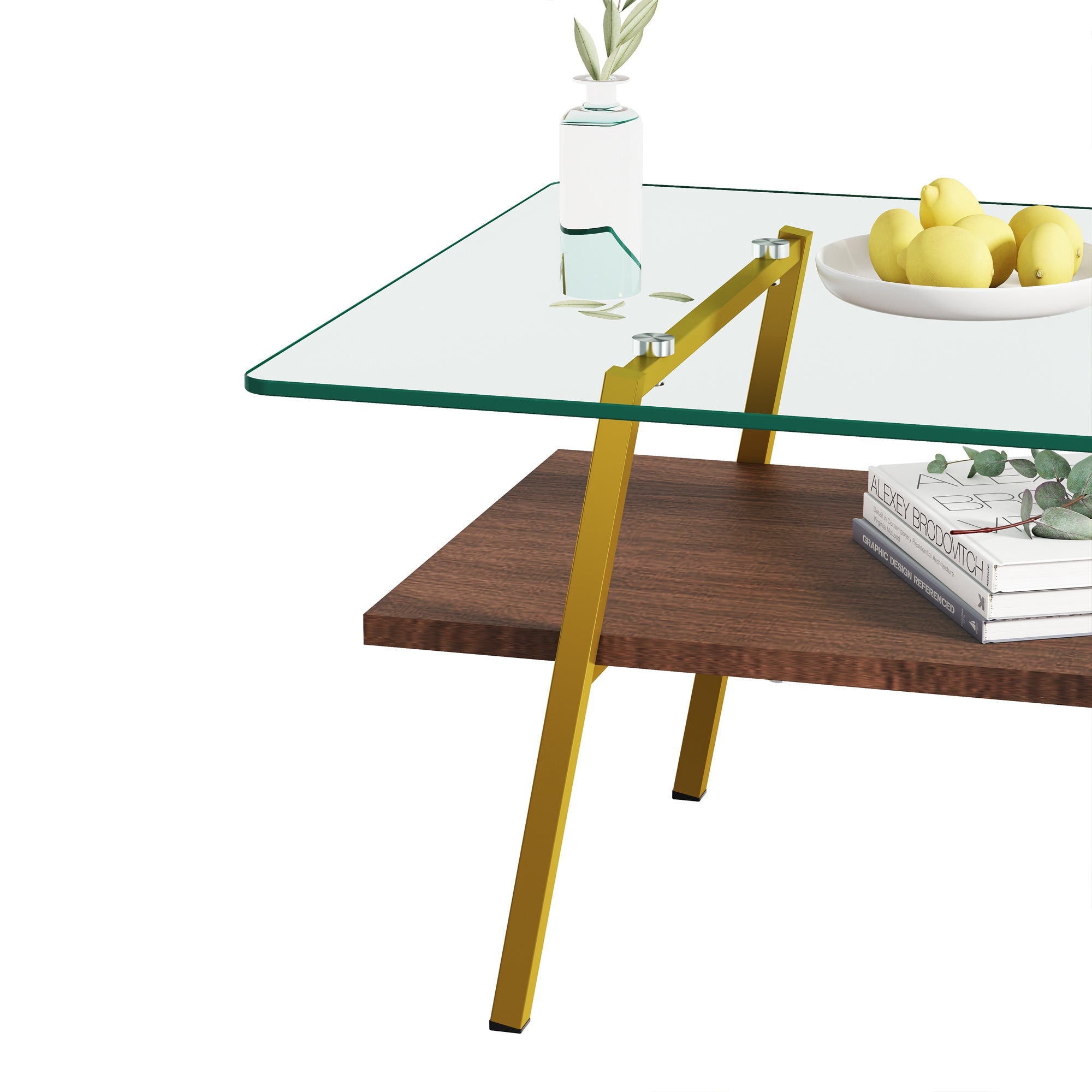 Rectangle Coffee Table, Tempered Glass Tabletop with Gold Metal Legs, Modern Table for Living Room , Transparent Glass