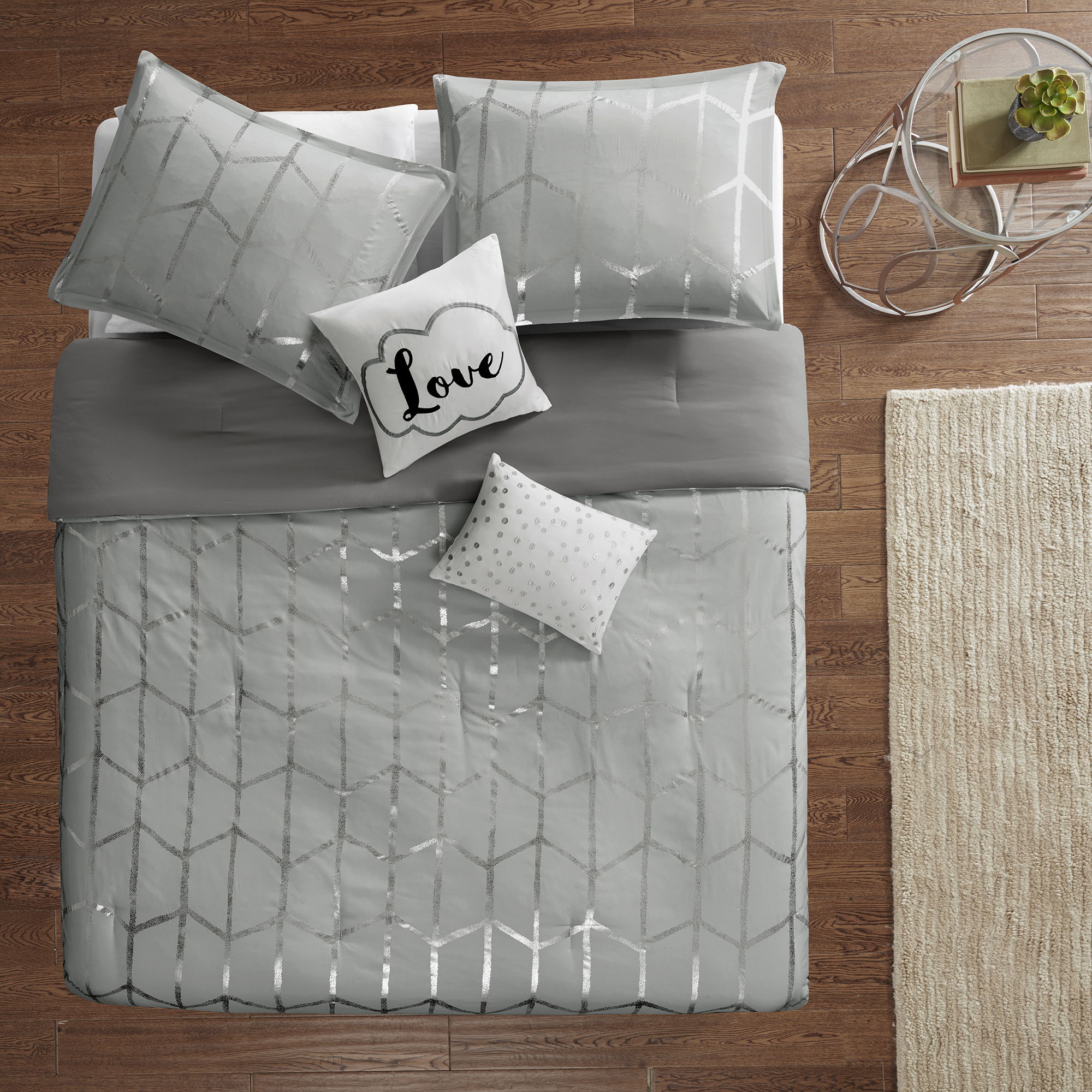 Raina - Polyester Brushed Microfiber Printed Comforter Set - Gray / Silver