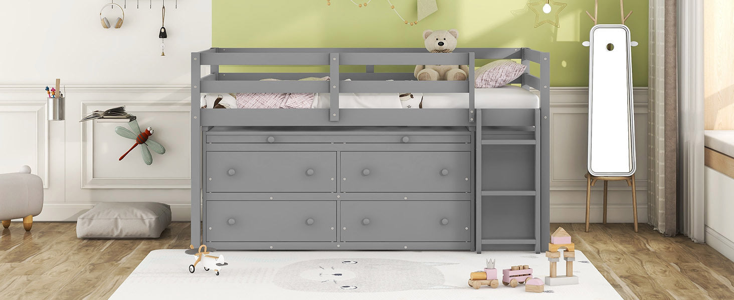 Twin Size Loft Bed with Retractable Writing Desk and 4 Drawers, Wooden Loft Bed with Lateral Portable Desk and Shelves, Gray