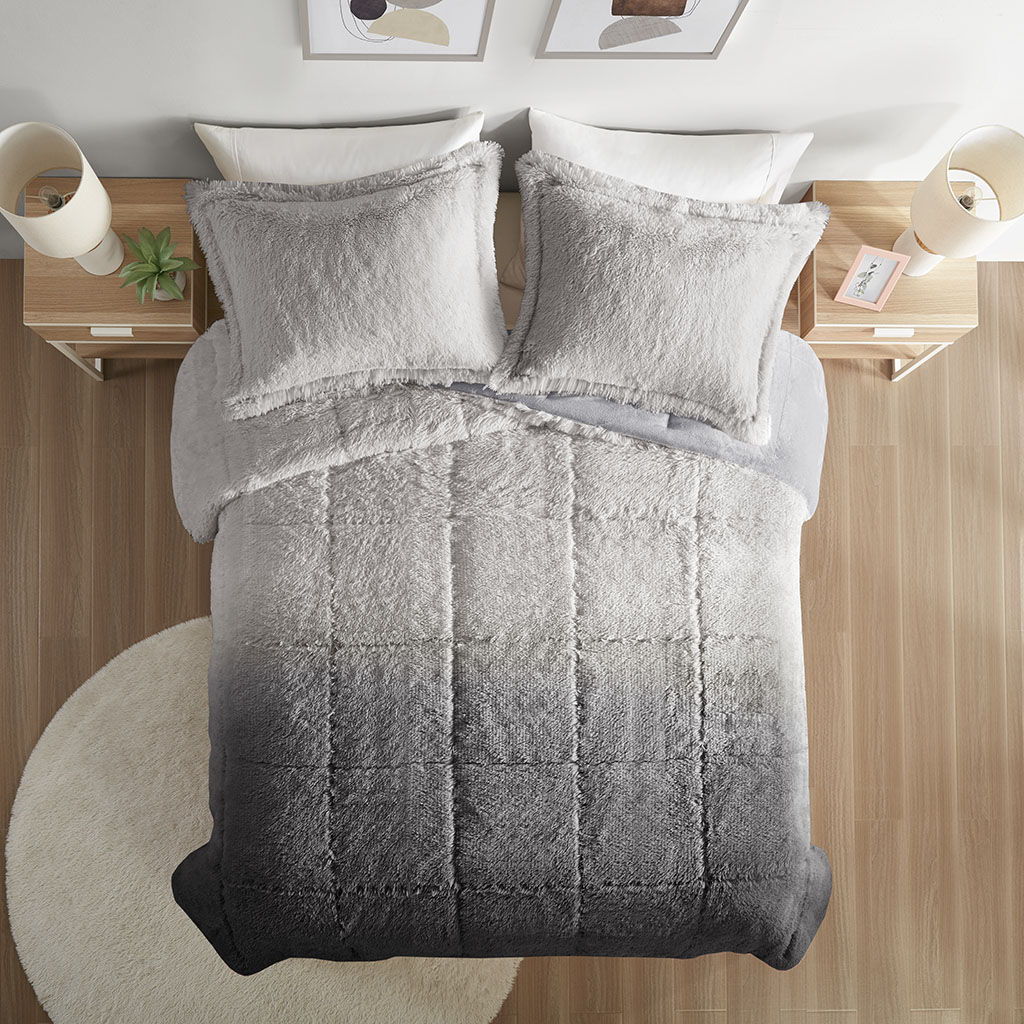 Brielle - Twin Ombre Shaggy Long Comforter Mini Set - Gray
