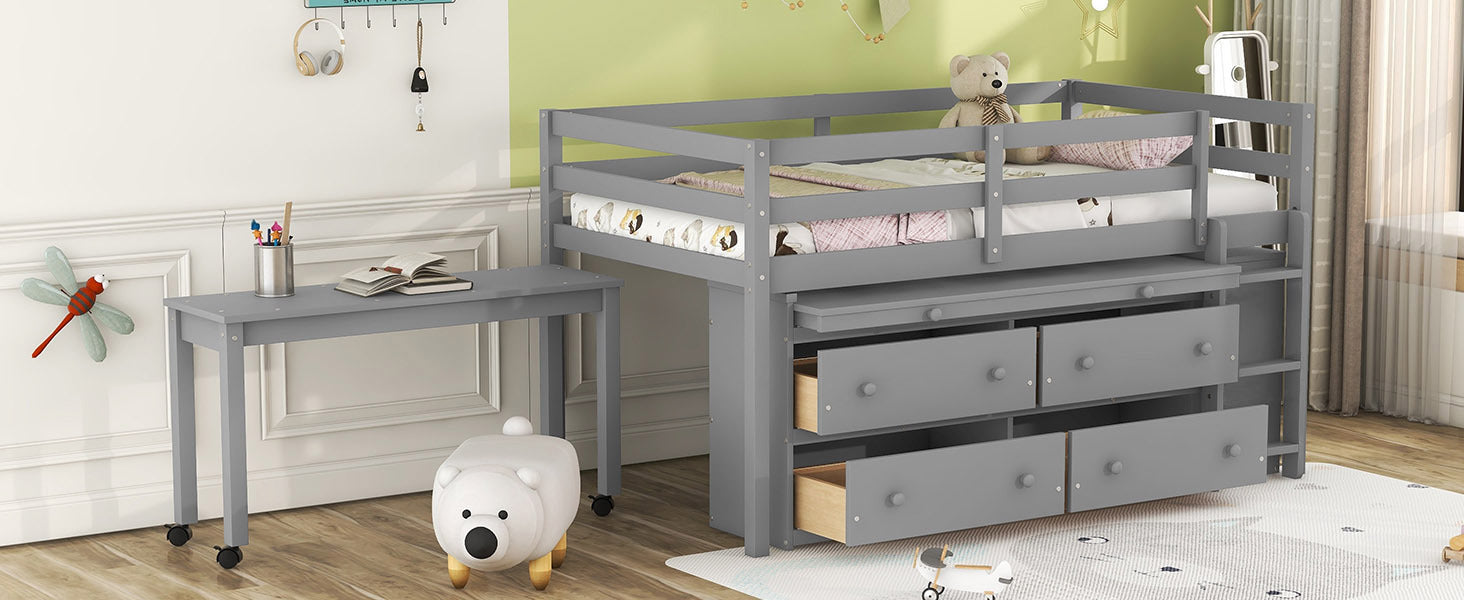 Twin Size Loft Bed with Retractable Writing Desk and 4 Drawers, Wooden Loft Bed with Lateral Portable Desk and Shelves, Gray