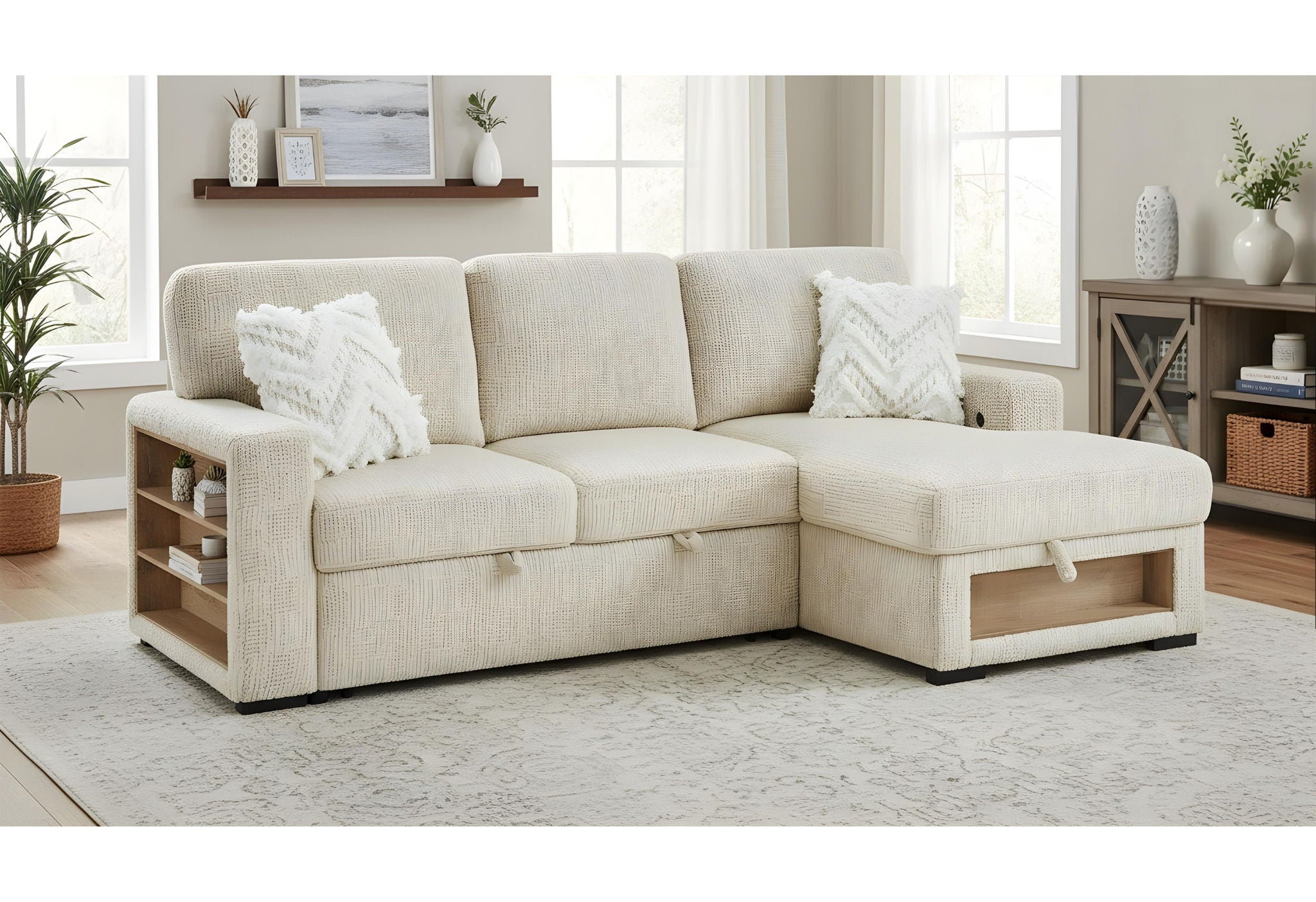 U0222 - Pull Out Sofa Bed With Speaker And 2 Pillows - Cream