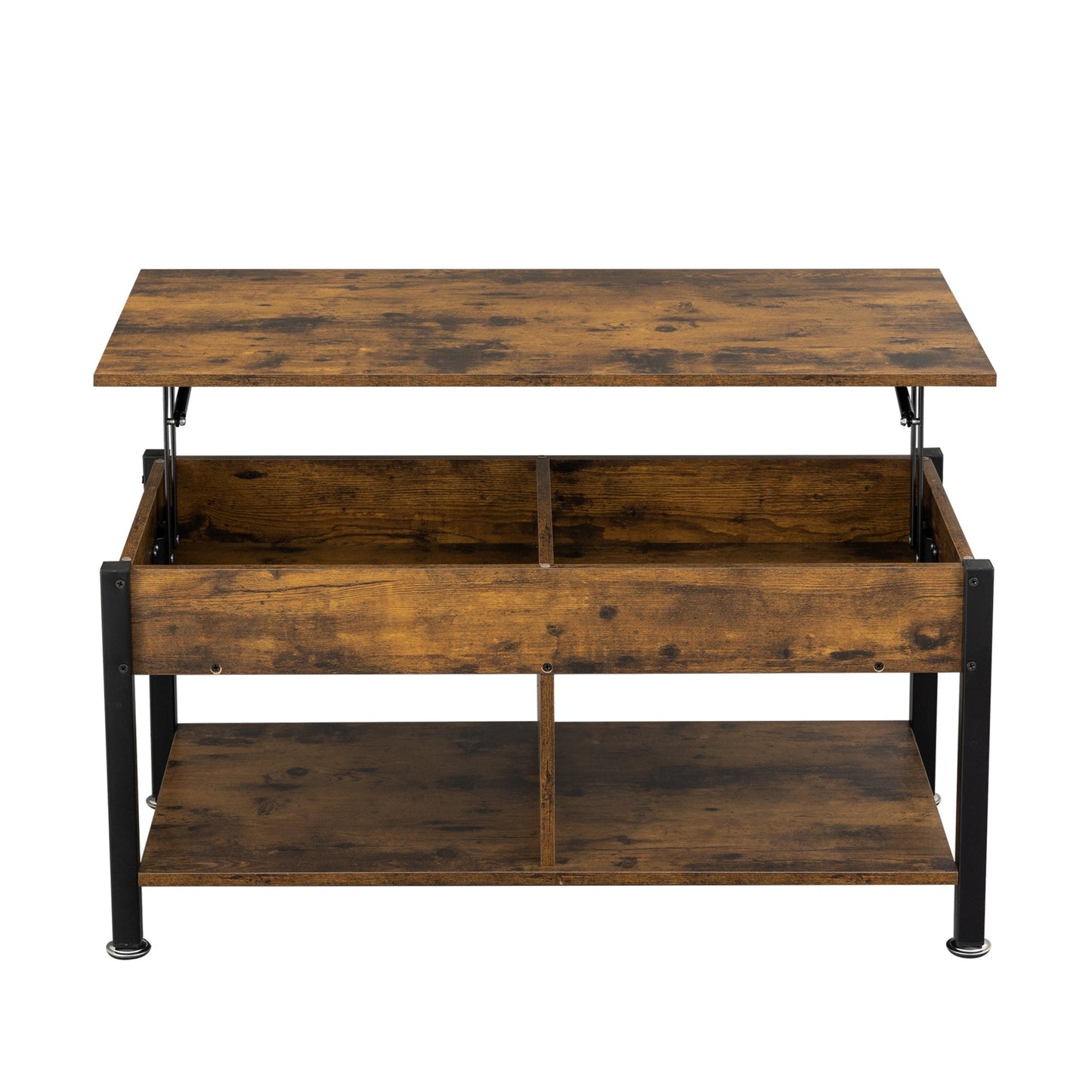 Metal coffee table,desk,with a lifting table,and hidden storage space.There were two removable wicker baskets that could be placed in any space such as the living room,color:brown with fire wood grain