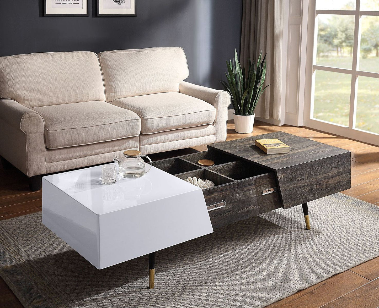 ACME Orion Coffee Table, White High Gloss & Rustic Oak 84680