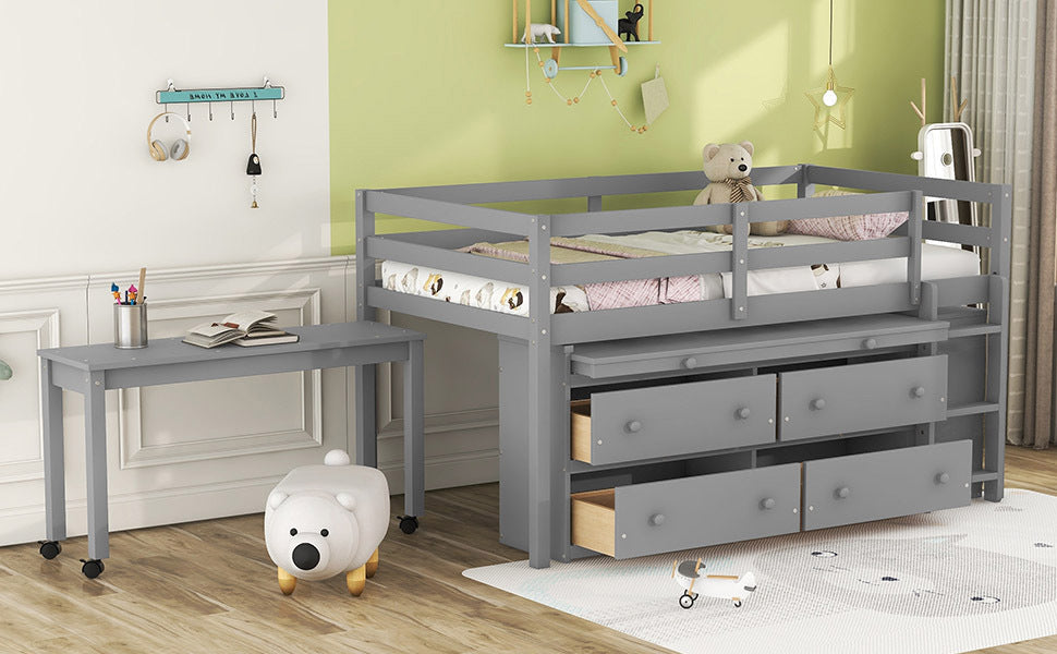 Twin Size Loft Bed with Retractable Writing Desk and 4 Drawers, Wooden Loft Bed with Lateral Portable Desk and Shelves, Gray