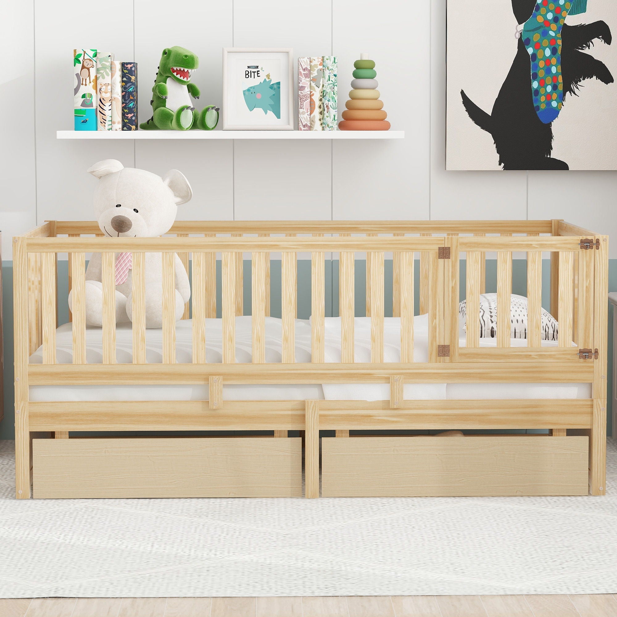 Daybed With Fence Guardrails And 2 Drawers, Split Into Independent Floor Bed & Daybed