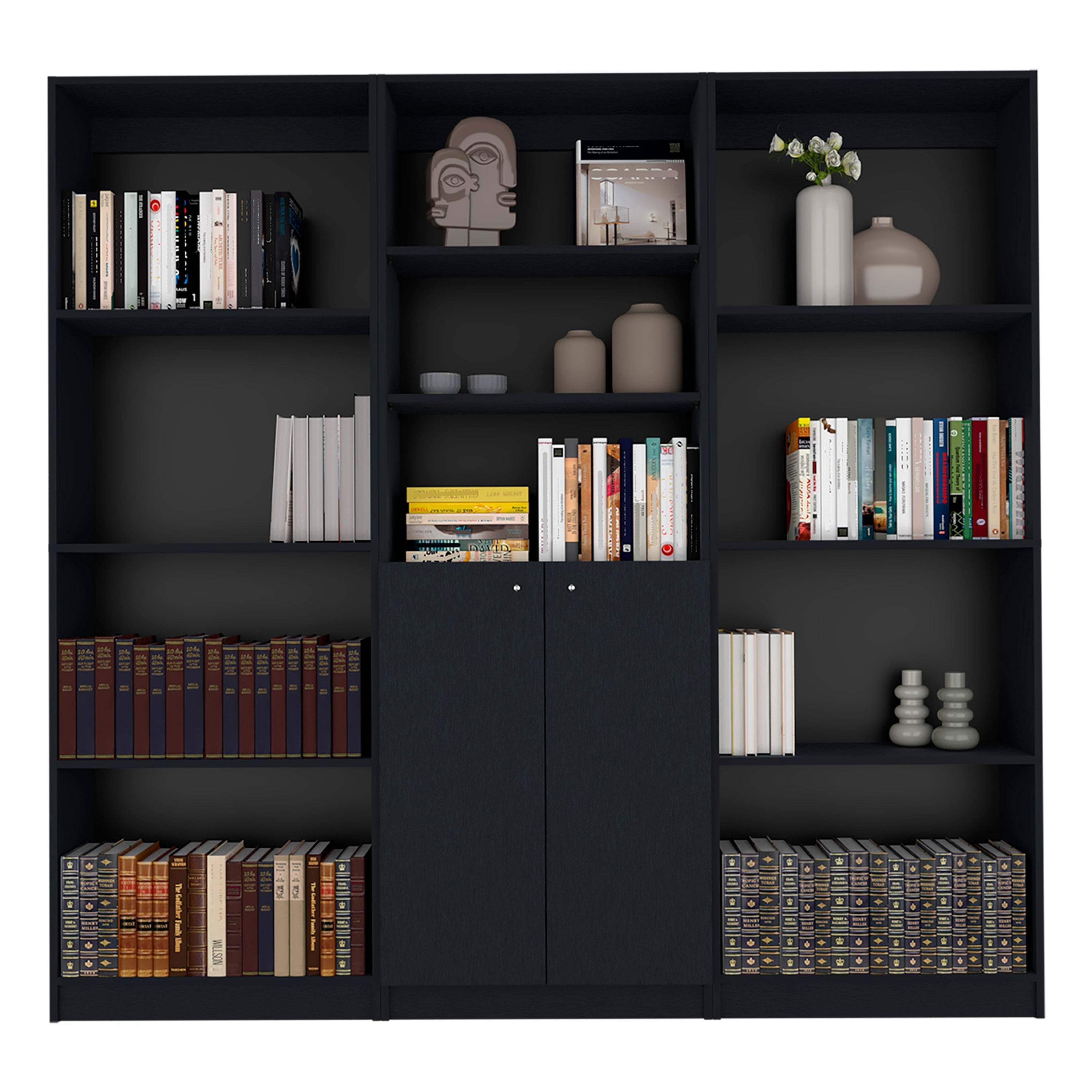 Elgin Black 3 Piece Living Room Set with 3 Bookcases