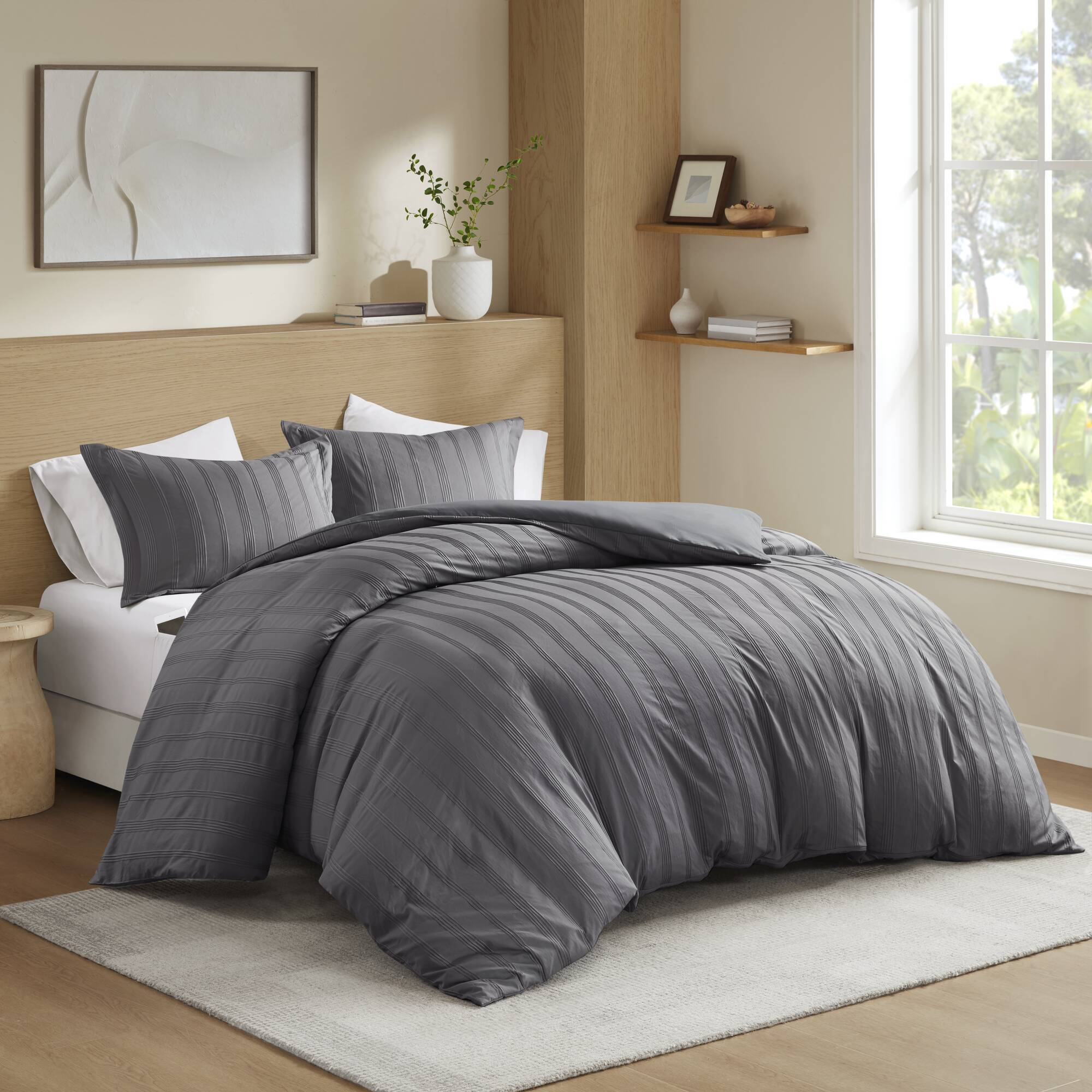 Logan - Full Striped Duvet Set - Charcoal