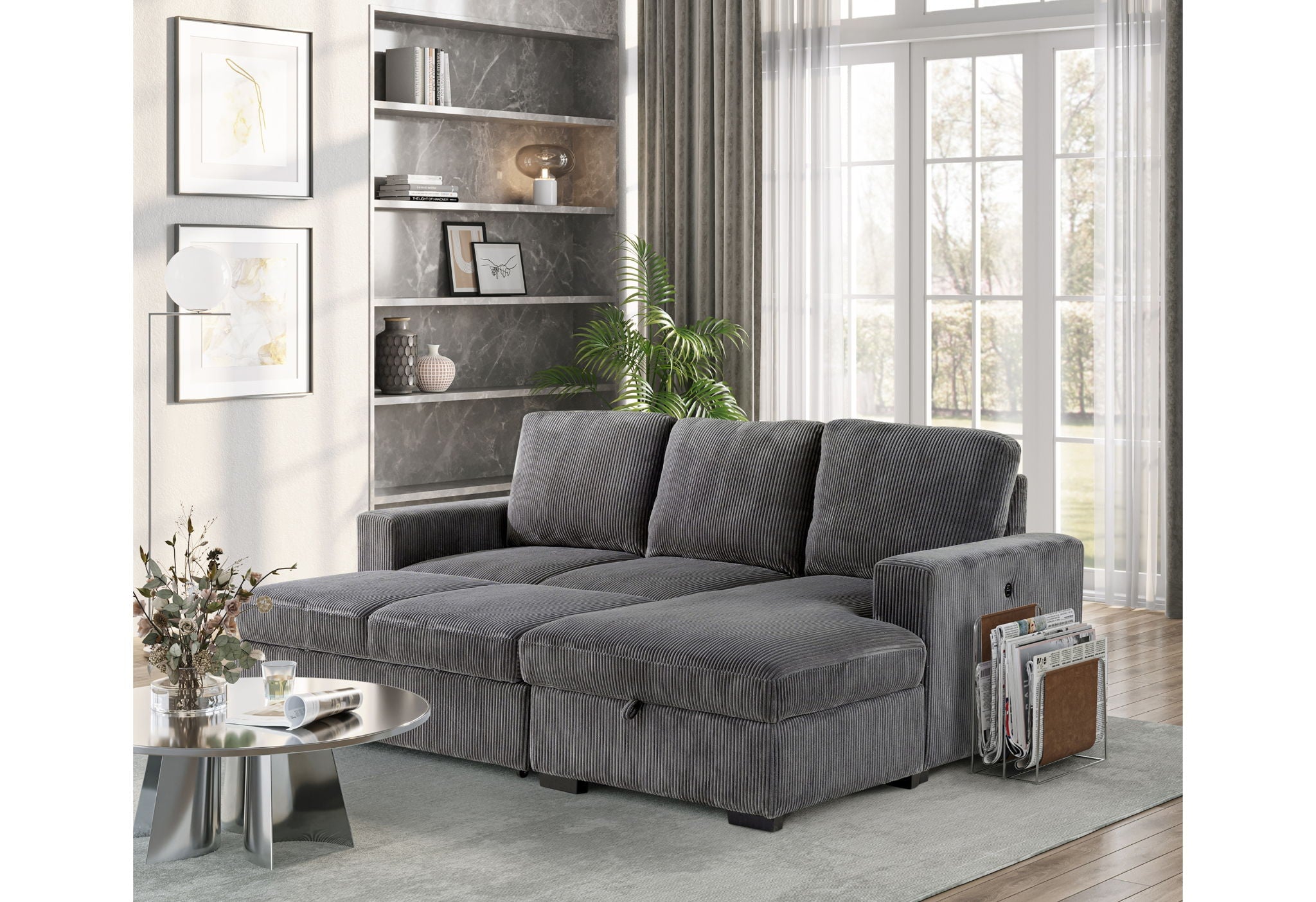 U2660 - L Shape Sectional With Pull Out Sofa Bed - Gray