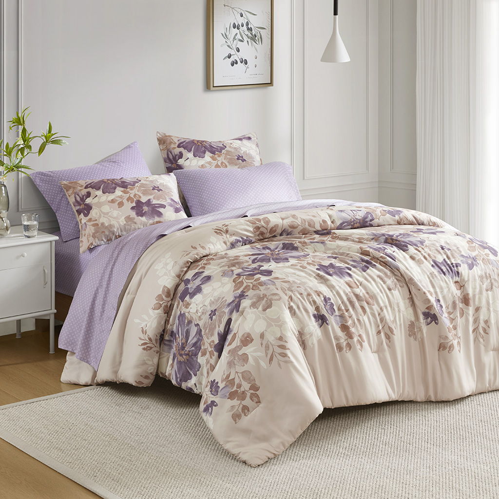 Luna - 7 Piece King Floral Comforter Set With Bed Sheets - Taupe