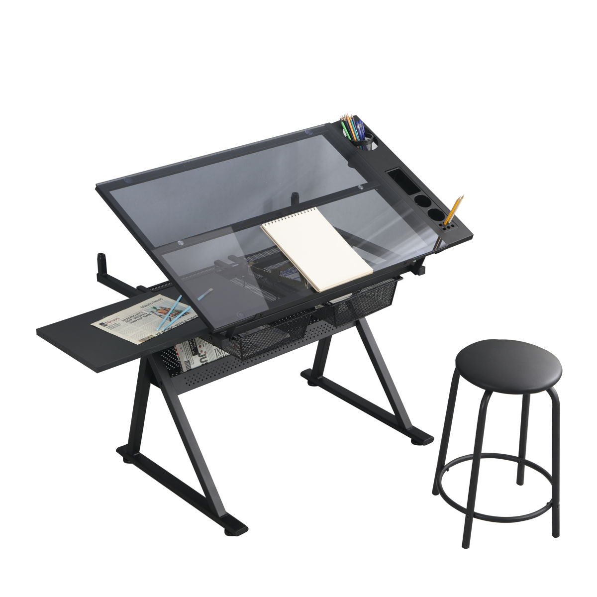 Adjustable Tempered Glass Drafting Printing Table - Black