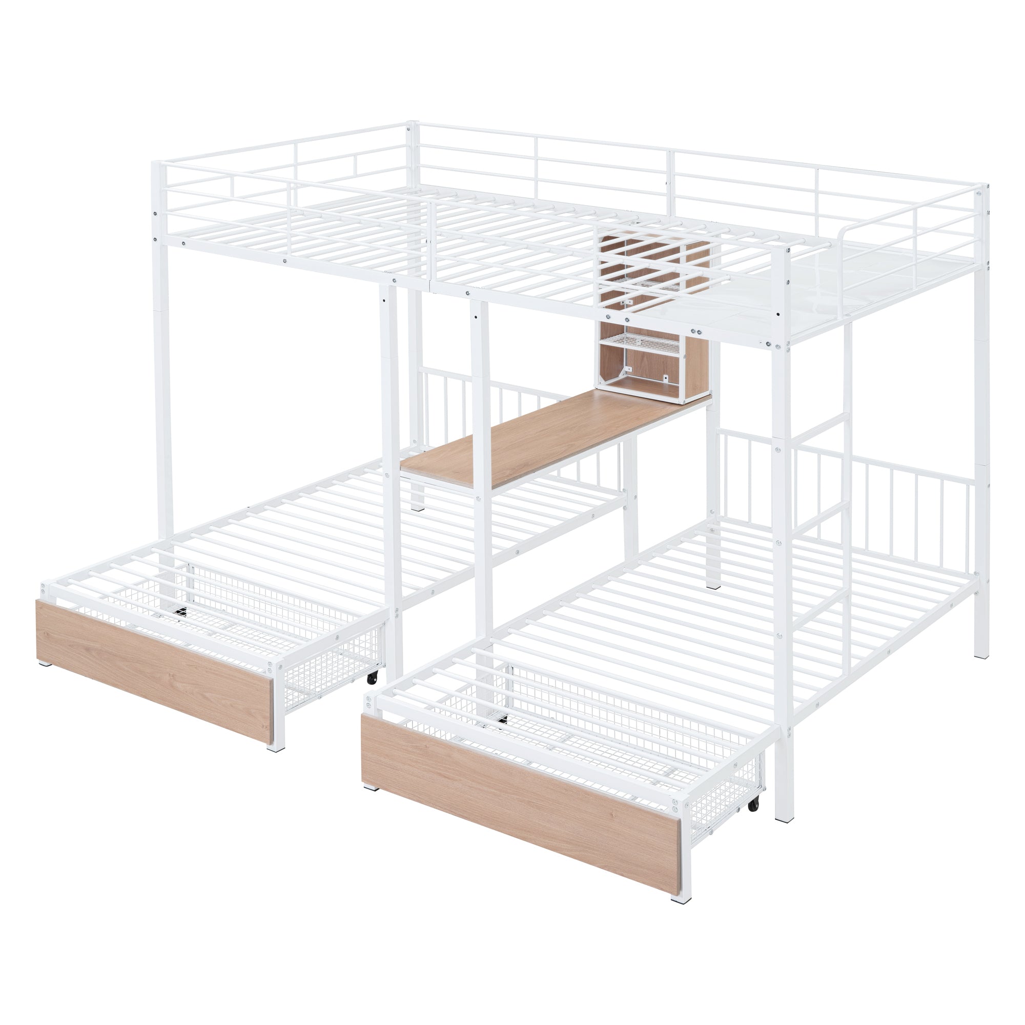 Full Over Twin & Twin Triple Bunk Bed with Drawers, Multi-functional Metal Frame Bed with desks and shelves in the middle, White