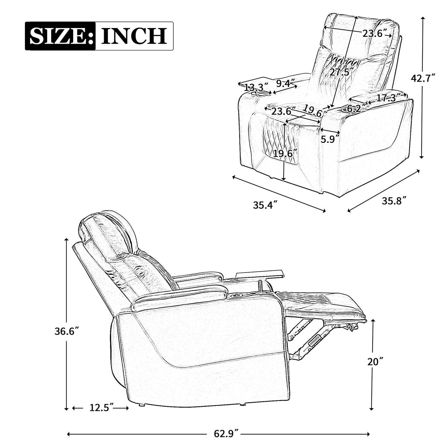 Power Motion Recliner with USB Charging Port and Hidden Arm Storage 2 Convenient Cup Holders Design and 360° Swivel Tray Table,Black(old sku: SG000630AAB)