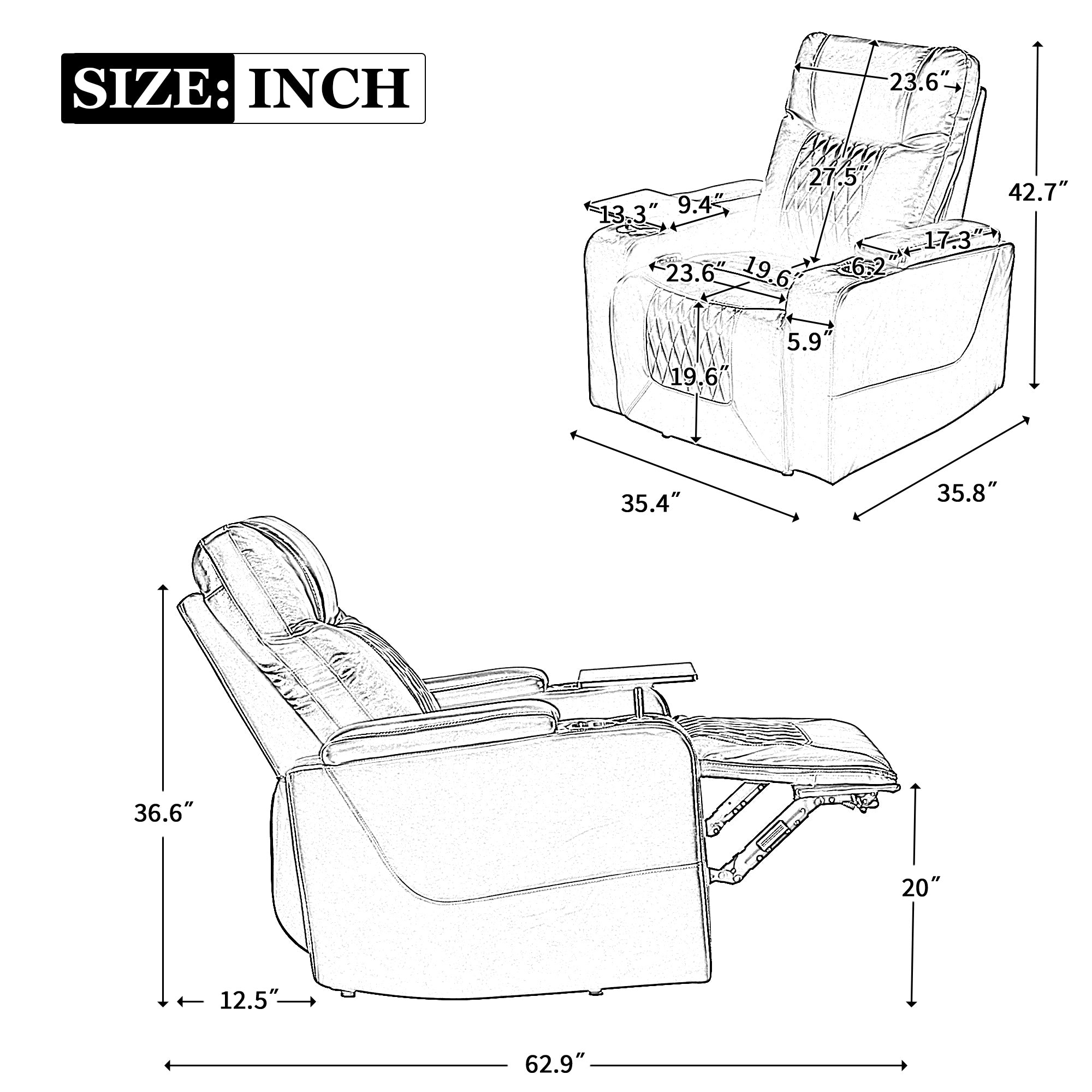 Power Motion Recliner with USB Charging Port and Hidden Arm Storage 2 Convenient Cup Holders Design and 360° Swivel Tray Table,Black(old sku: SG000630AAB)