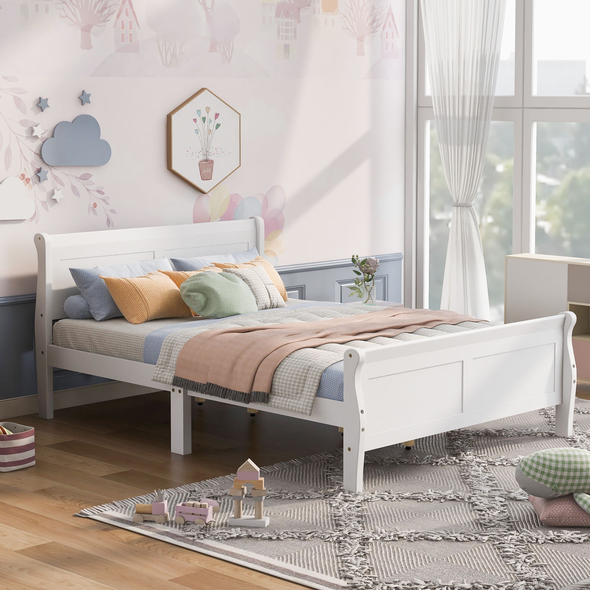 Platform Bed Frame Mattress Foundation Sleigh Bed With Headboard / Footboard / Wood Slat Suppor