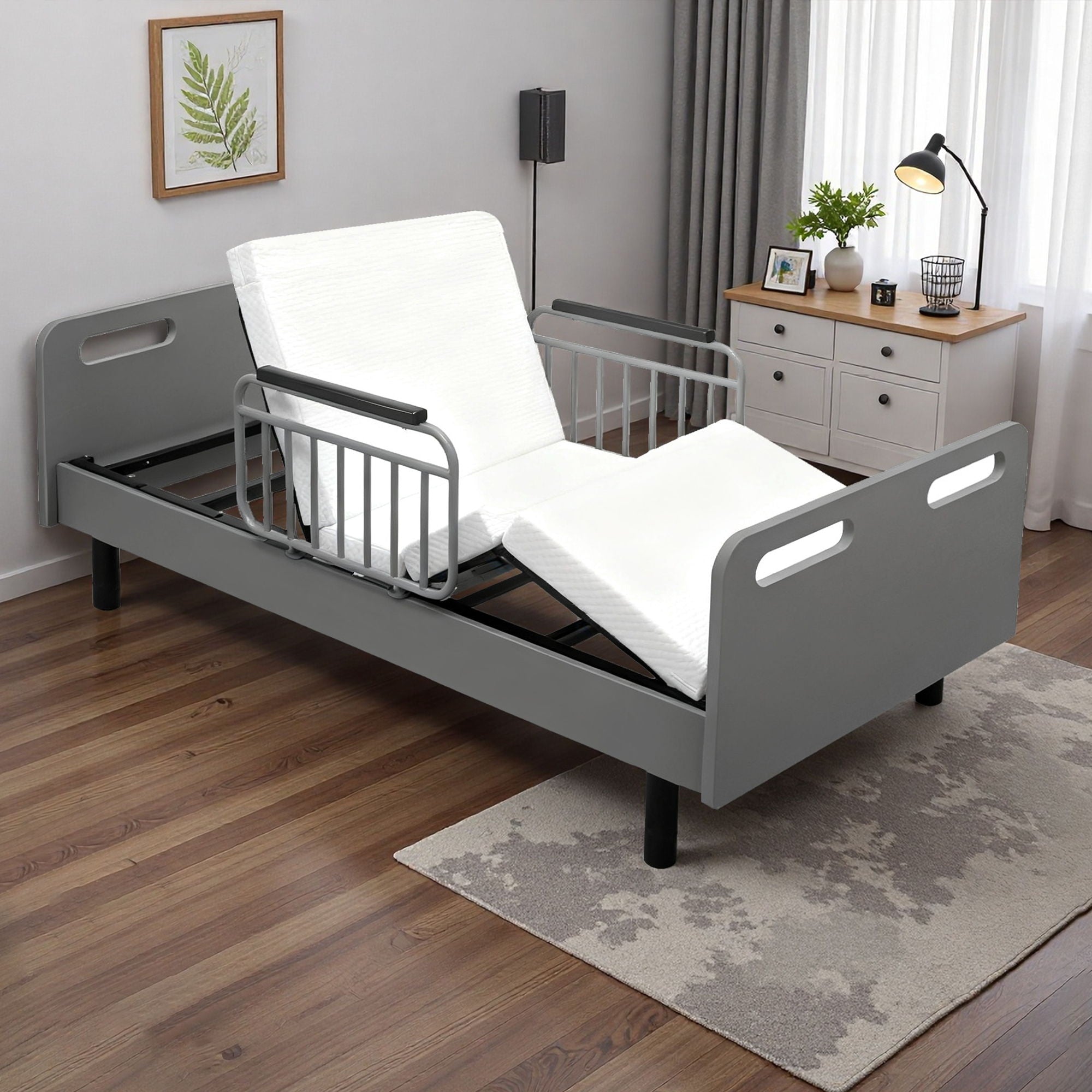 Electric Adjustable Hospital Bed For Home Use With Wired Remote Control, Memory Foam Mattress - Gray / White
