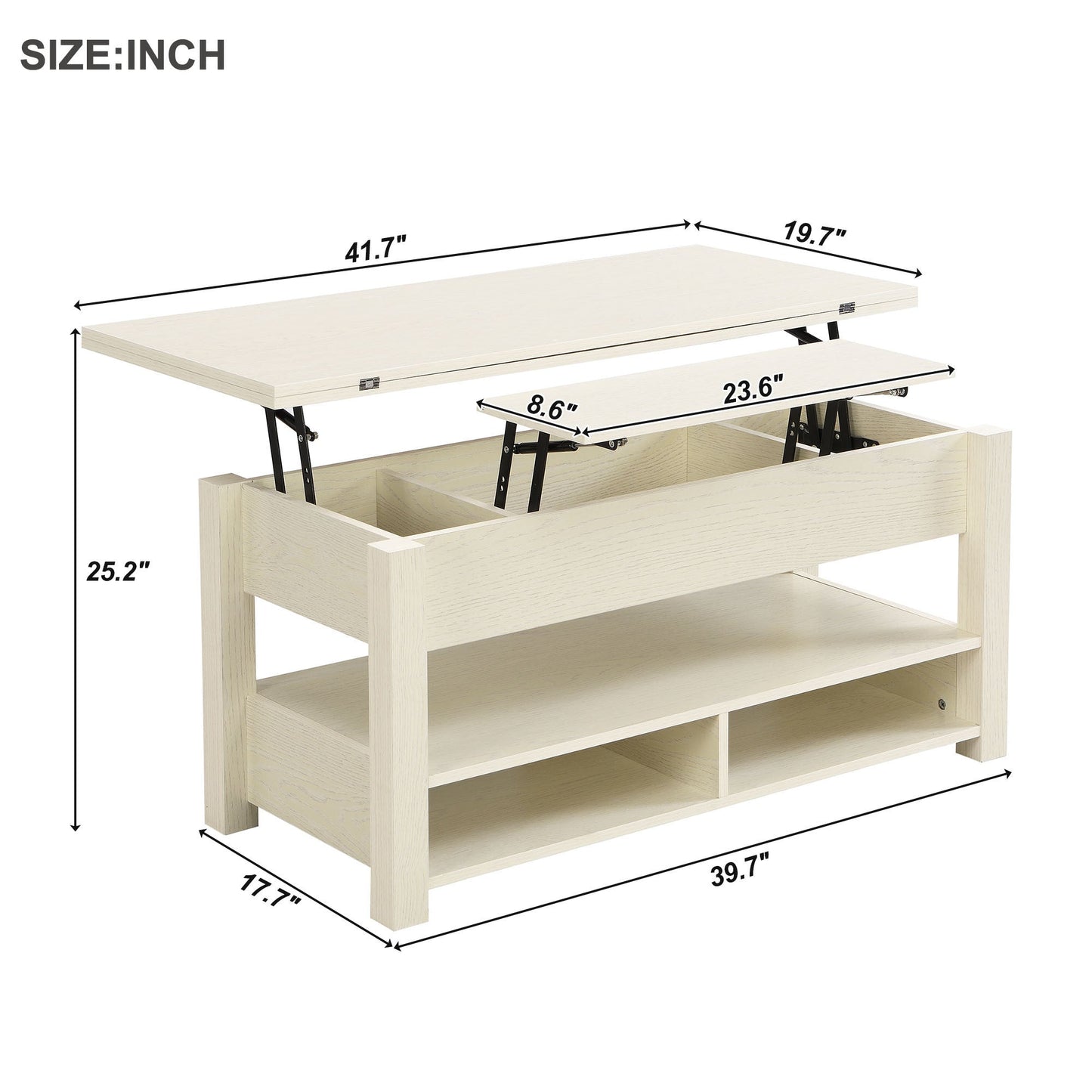 Lift Top Coffee Table, Multi-Functional Coffee Table with Open Shelves, Modern Lift Tabletop Dining Table for Living Room, Home Office, Rustic Ivory