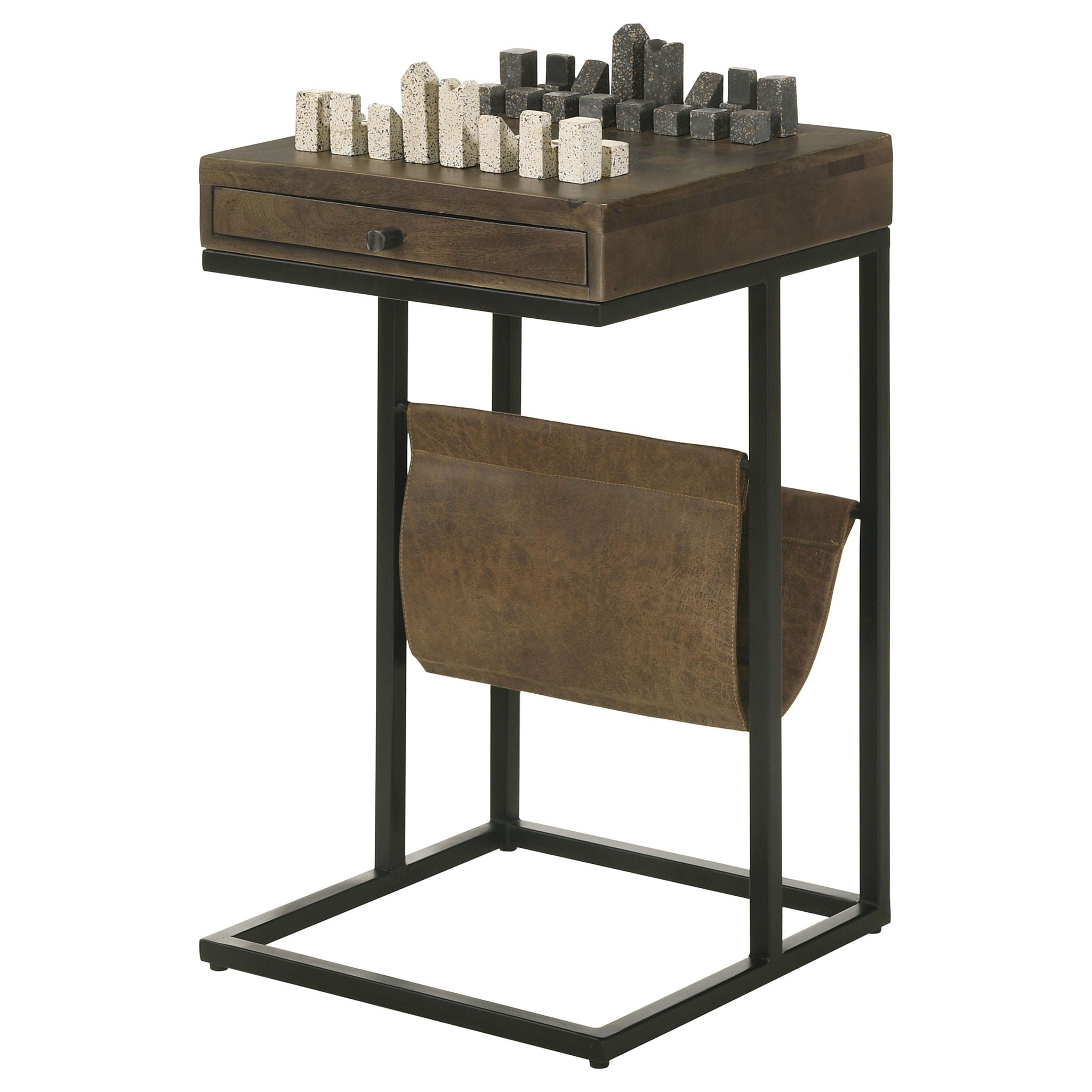Checkmate - 1 Drawer Side Table With Carved Chess Board - Brown