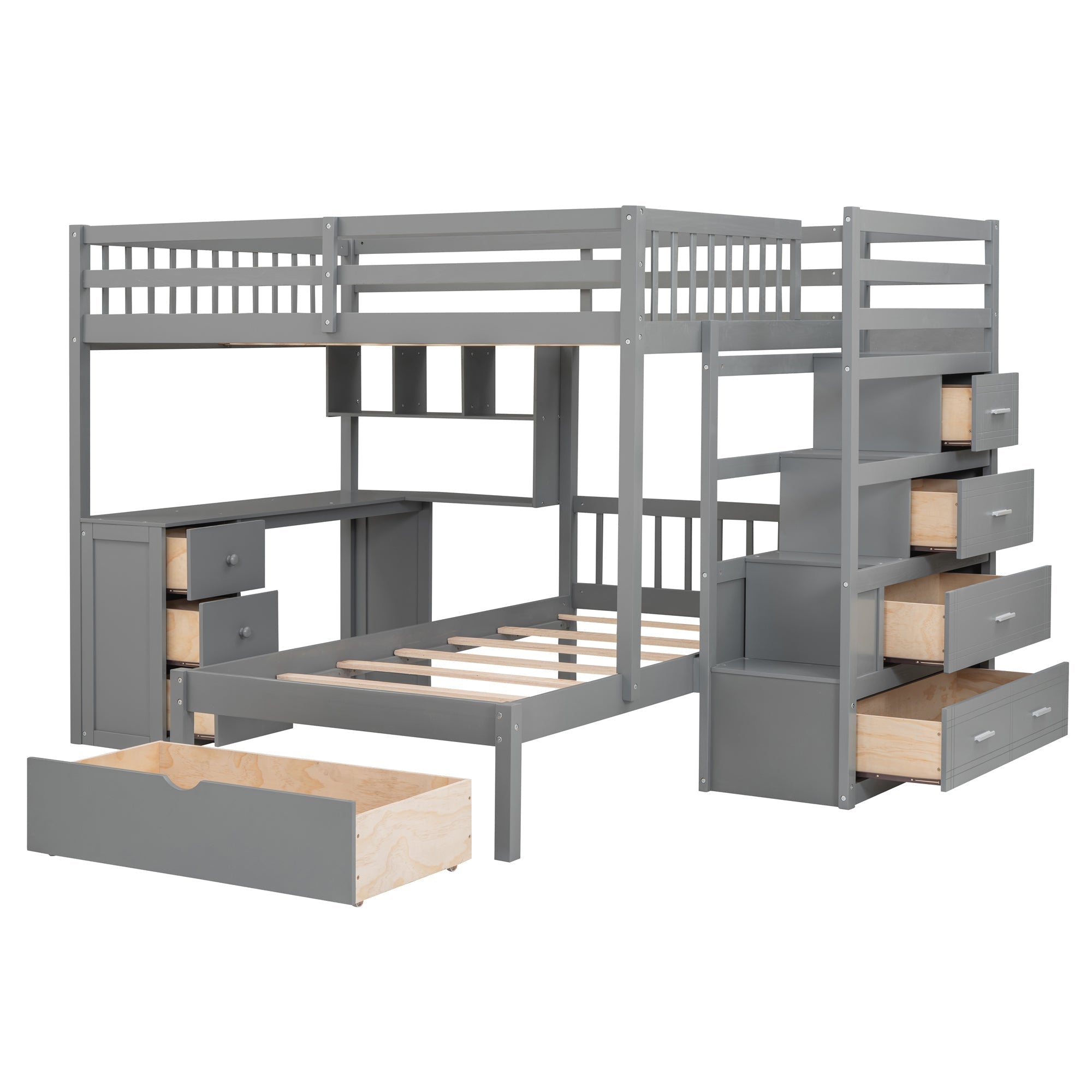 Full Over Twin Bunk Bed with Desk, Drawers and Shelves, Gray