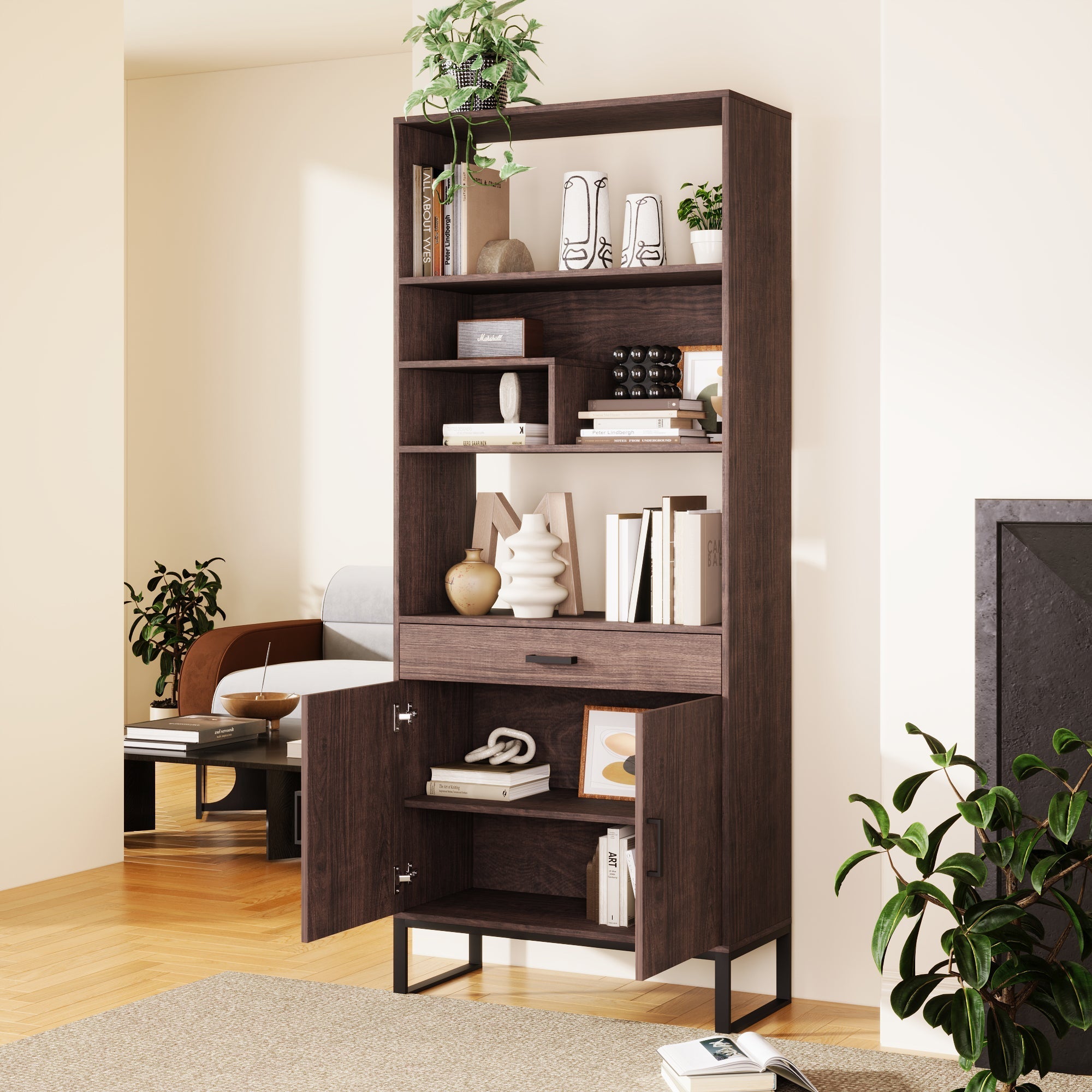 75.9"Modern Open Bookshelf with Doors, Bookcase with Storage drawer and LED Strip Lights,Free Standing Display Rack,Wooden Tall Bookshelf for Living Room and Office, Walnut