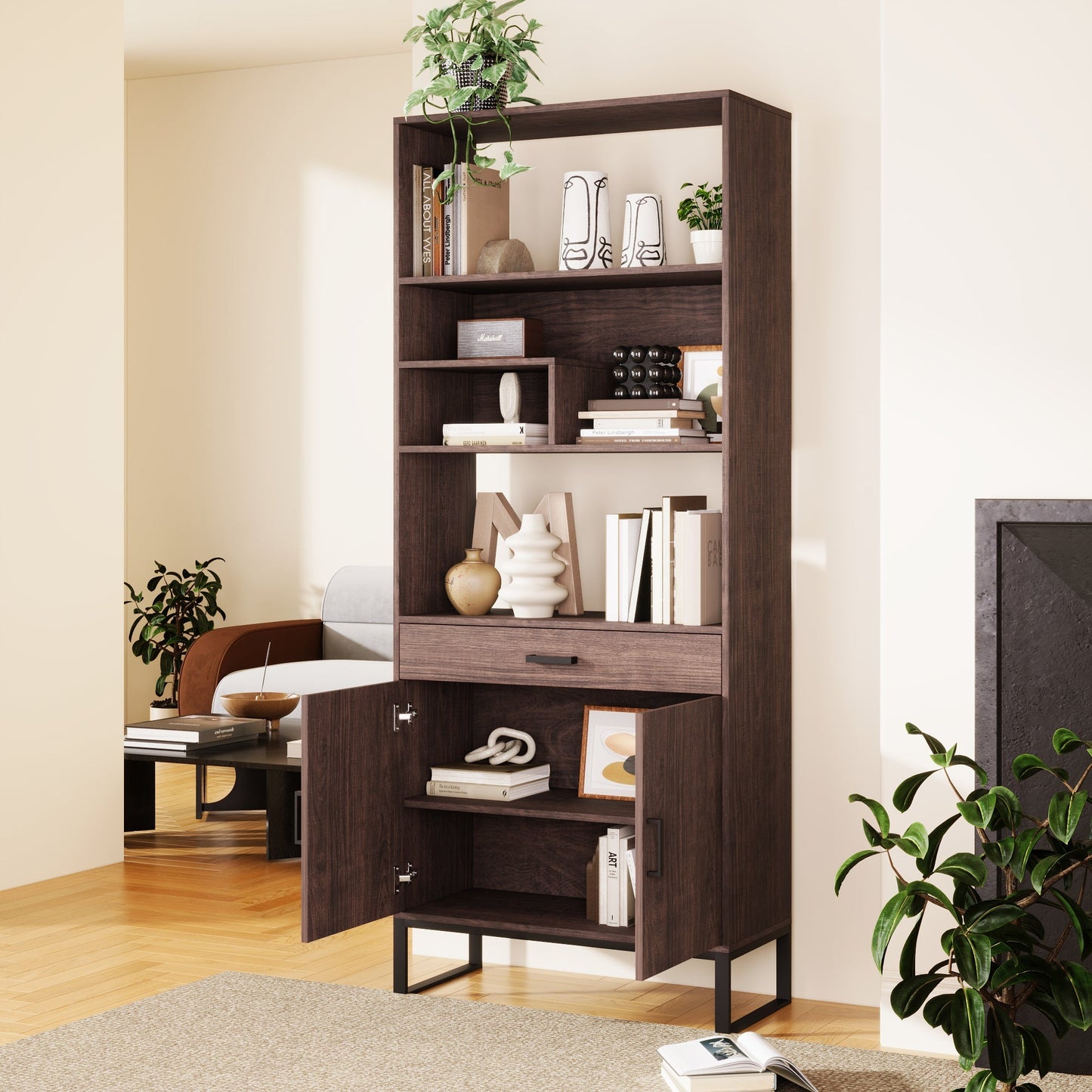 75.9"Modern Open Bookshelf Suite with Doors, Bookcase Suite with Storage drawers and LED Strip Lights,Free Standing Display Rack,Wooden Tall Bookshelf Suite for Living Room and Office, Walnut