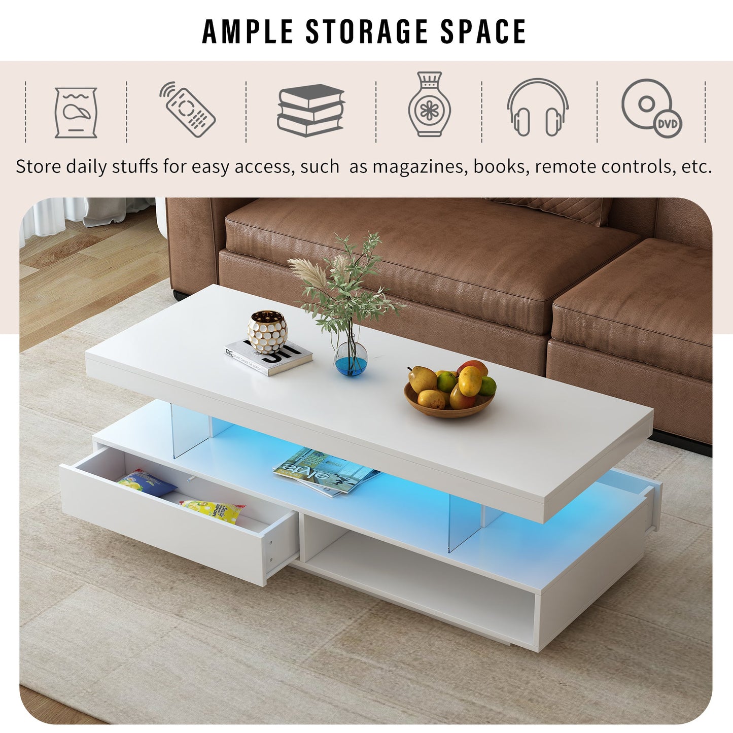 U-Can LED Coffee Table with Storage, Modern Center Table with 2 Drawers and Display Shelves, Accent Furniture with LED Lights for Living Room,White