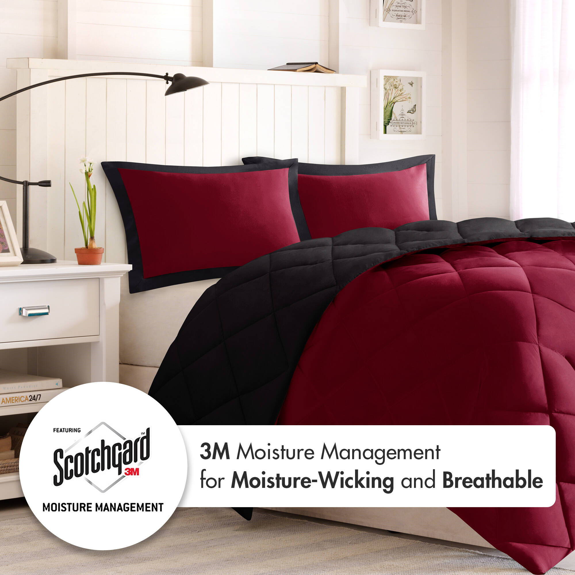 Larkspur - Full/Queen 3M Scotchgard Diamond Quilting Reversible Down Alternative Comforter Set - Red/Black