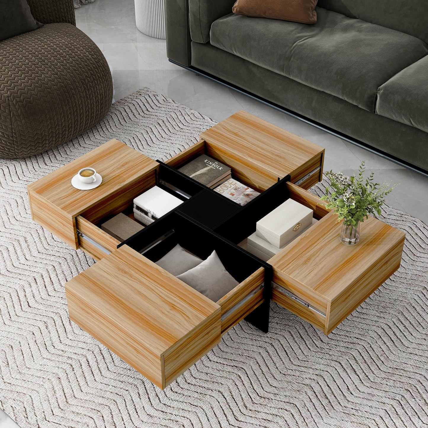 Unique Design Coffee Table with 4 Hidden Storage Compartments, Square Cocktail Table with Extendable Sliding Tabletop, UV High-gloss Design Center Table for Living Room, 31.5"x 31.5"