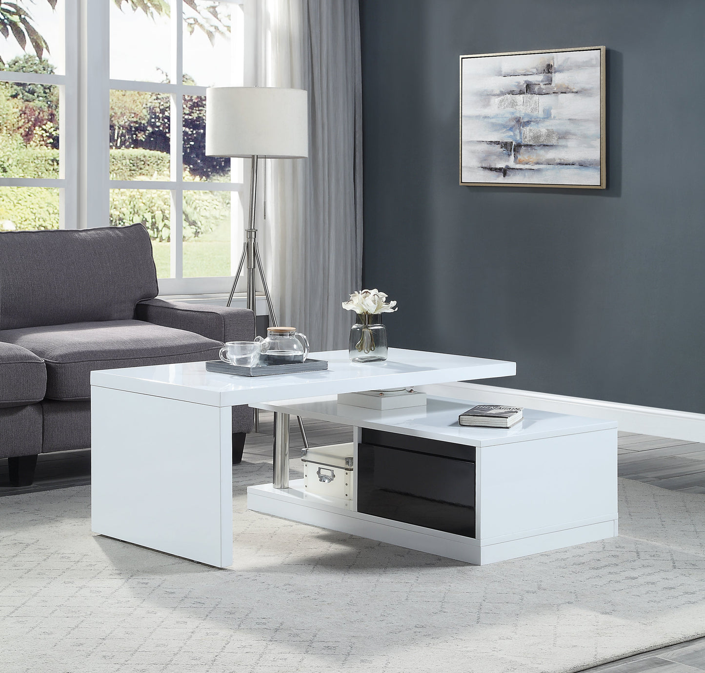 ACME Buck II Coffee Table w/Swivel Top in White & Black High Gloss Finish LV00997