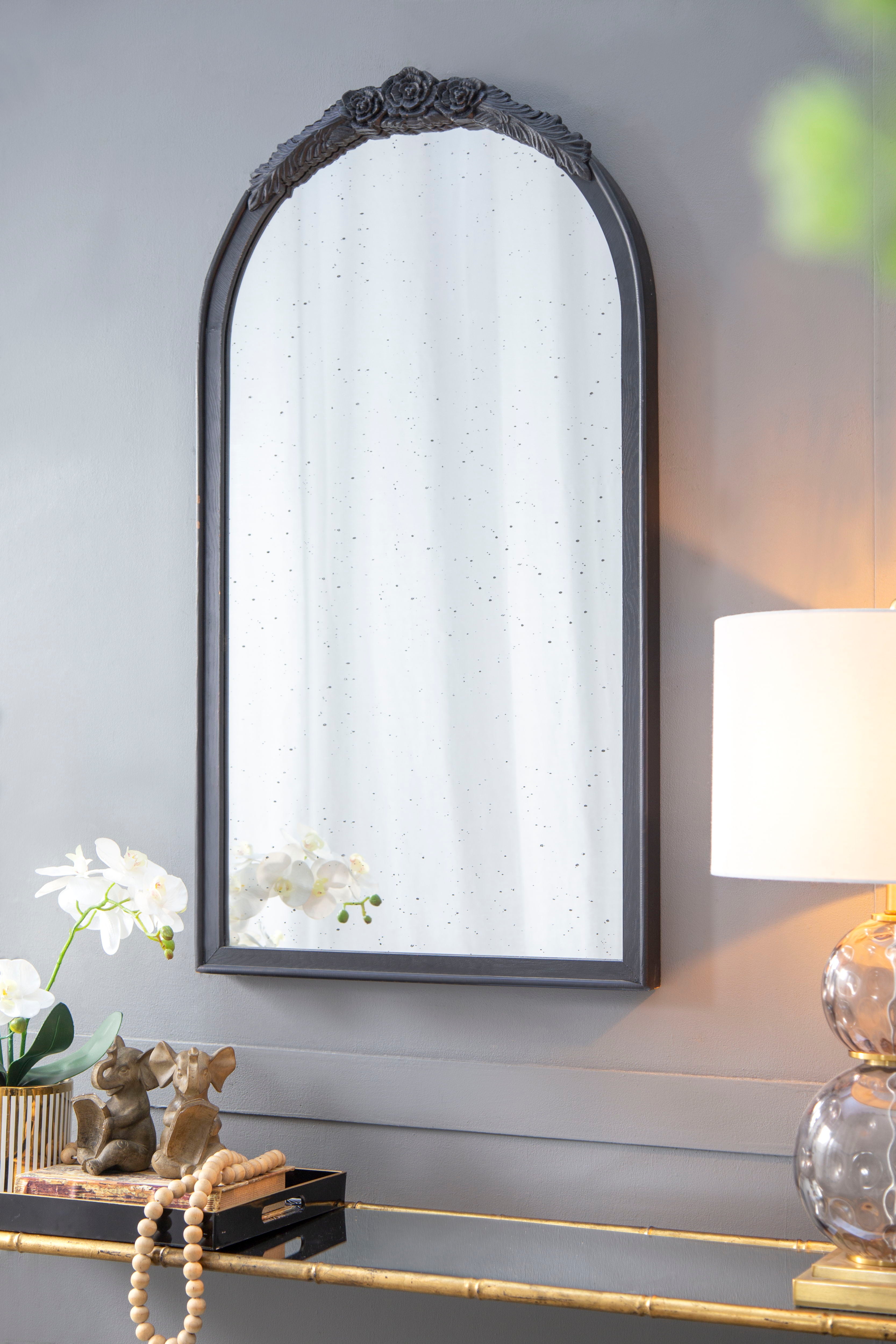 Hand Carved Rose Antique Mirror Frame, Wood Arch Mirror Wall Decor For Living Room