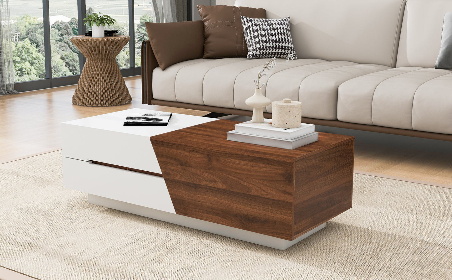 Modern Extendable Sliding Top Coffee Table with Storage in White&Walnut