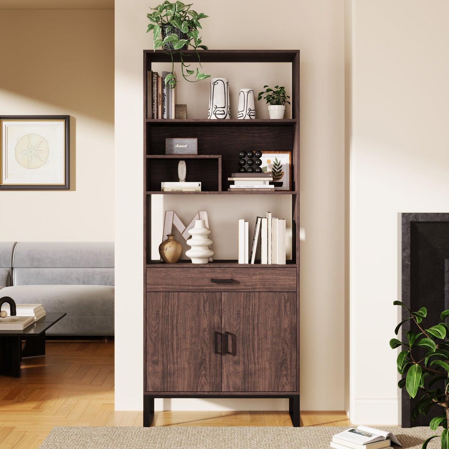 75.9"Modern Open Bookshelf Suite with Doors, Bookcase Suite with Storage drawers and LED Strip Lights,Free Standing Display Rack,Wooden Tall Bookshelf Suite for Living Room and Office, Walnut