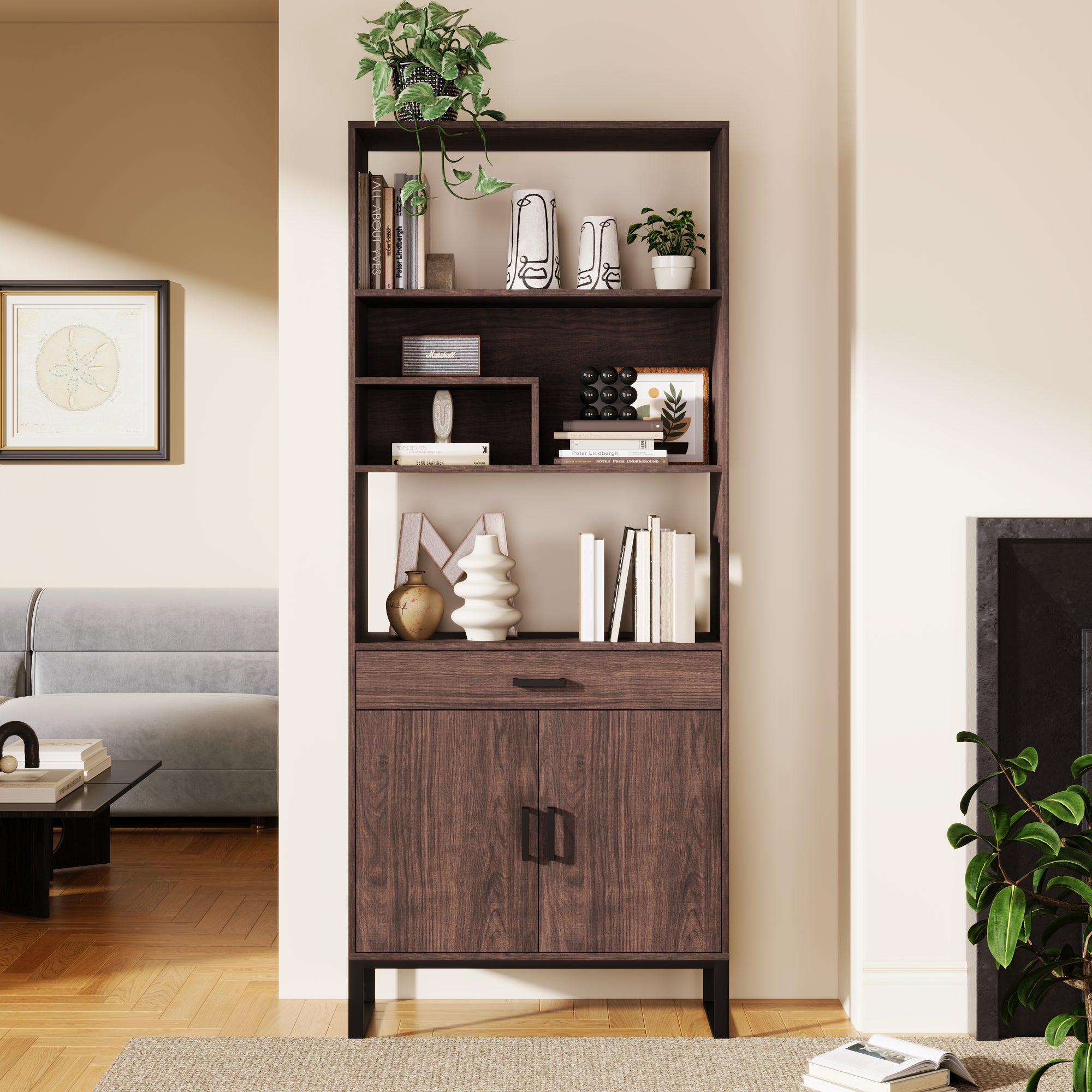 75.9"Modern Open Bookshelf with Doors, Bookcase with Storage drawer and LED Strip Lights,Free Standing Display Rack,Wooden Tall Bookshelf for Living Room and Office, Walnut