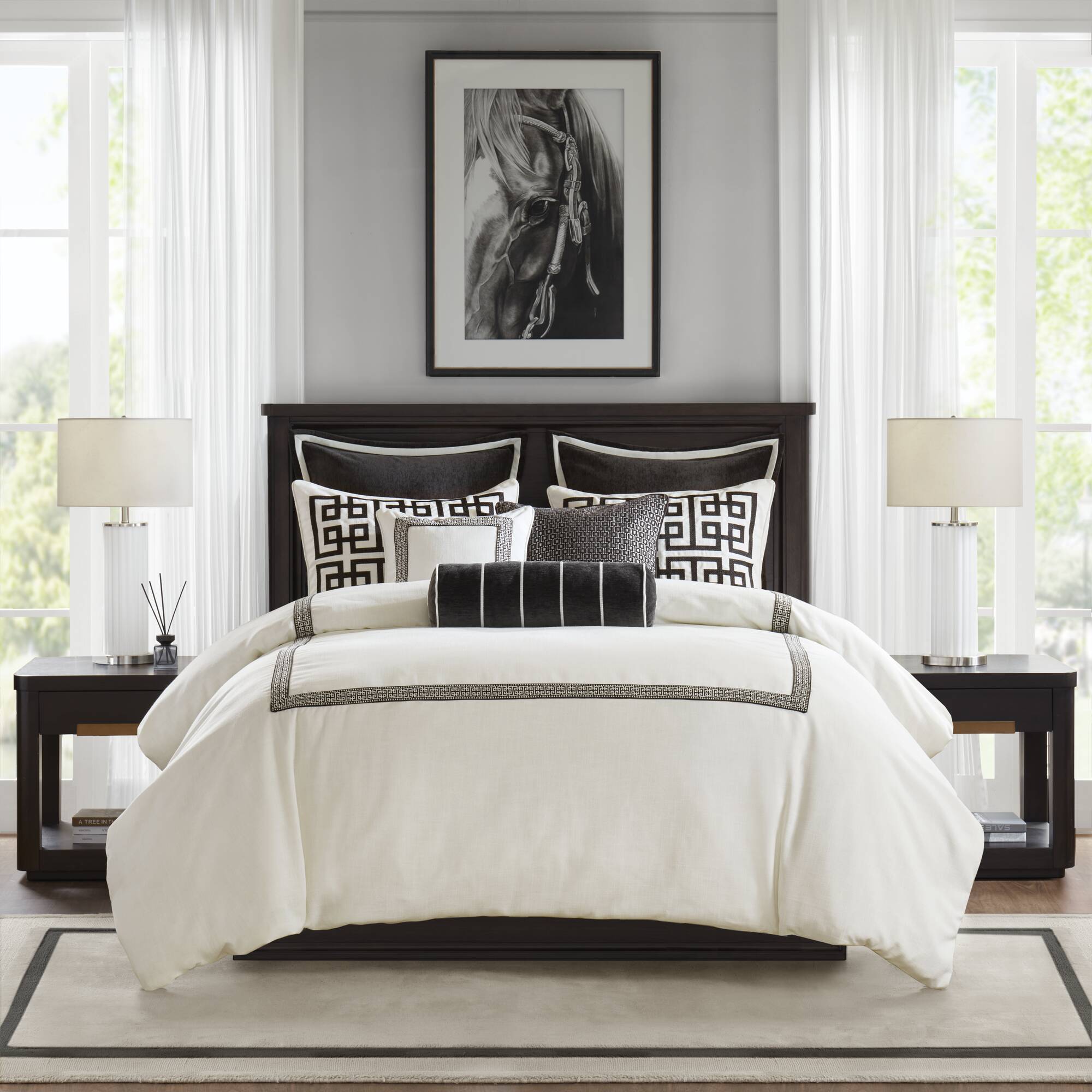 Jarvis - 8 Piece Queen Embroidery Oversized Duvet Style Comforter Set - Black / White